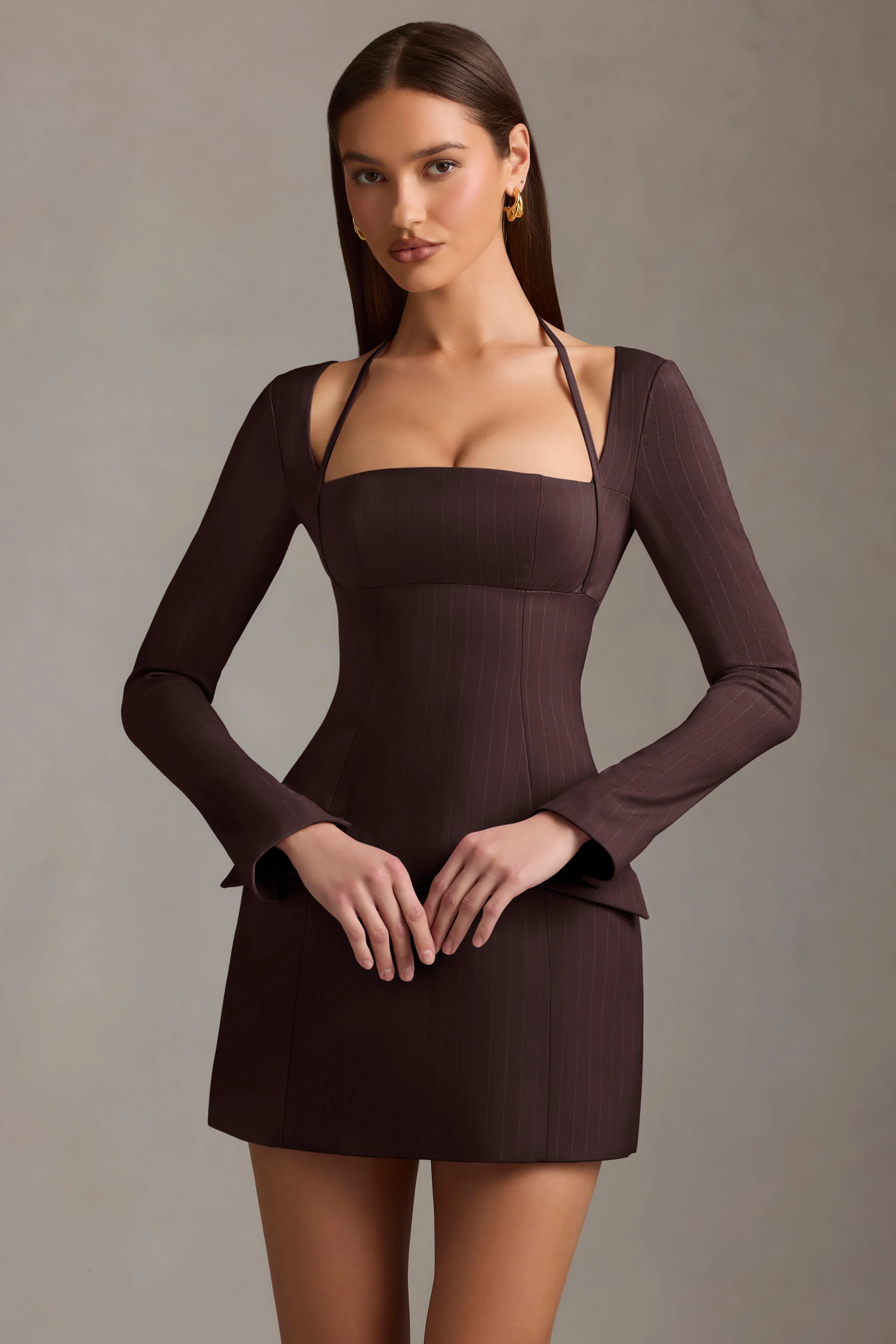 Pinstripe Structured A-Line Mini Dress in Chocolate Brown