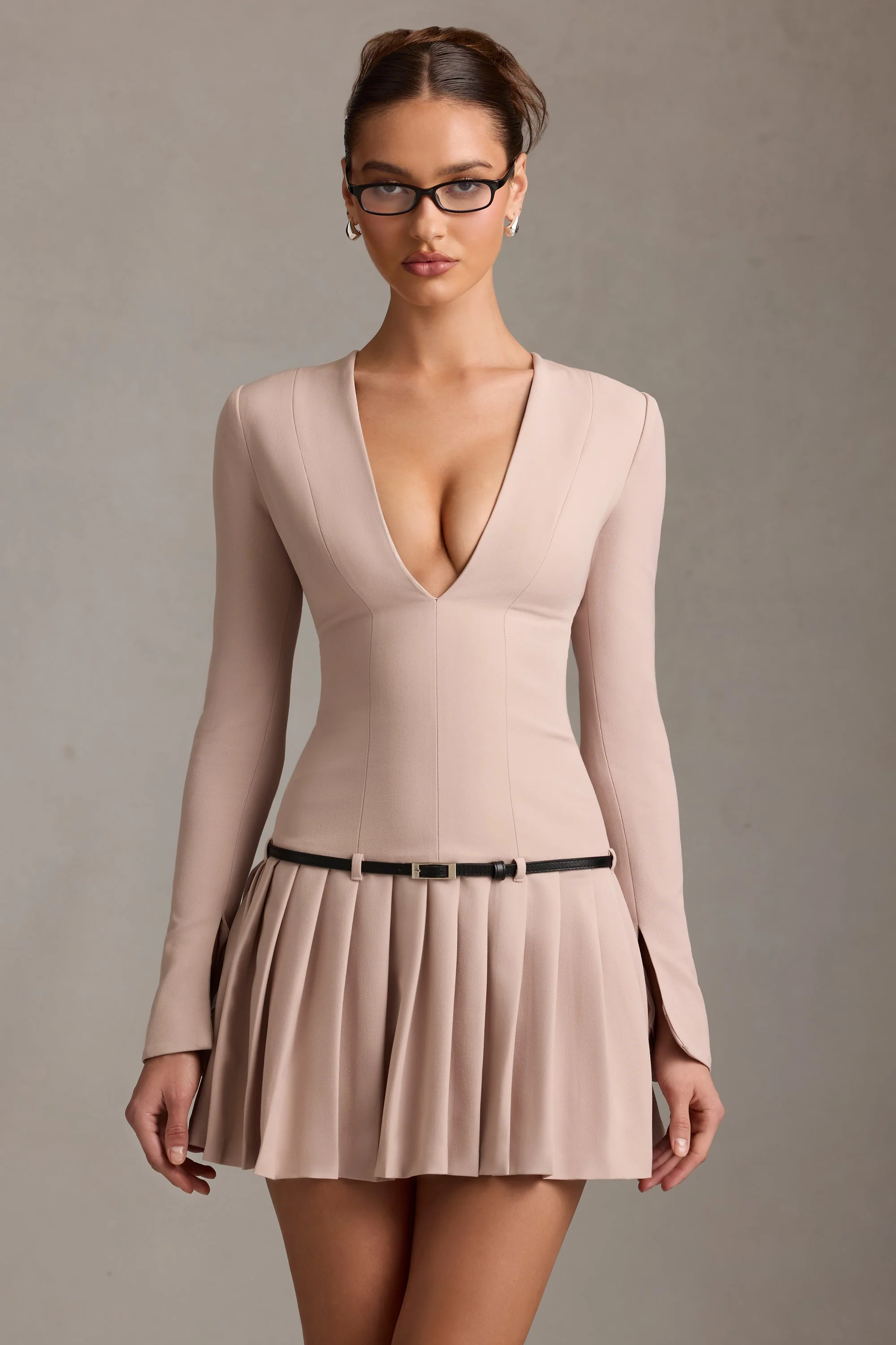 Long-Sleeve Pleated Mini Dress in Mushroom