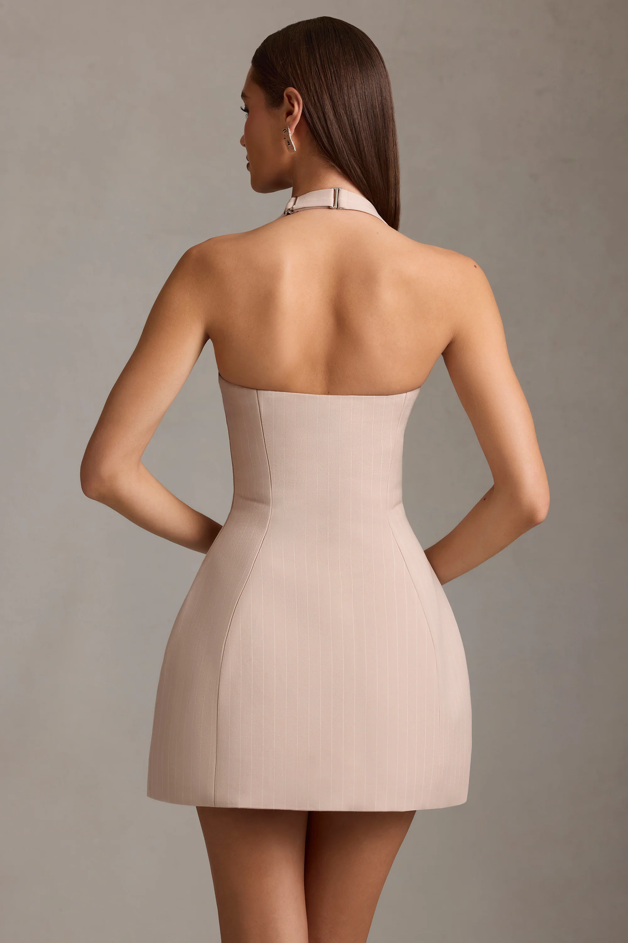 Pinstripe Halterneck Structured A-Line Mini Dress in Mushroom