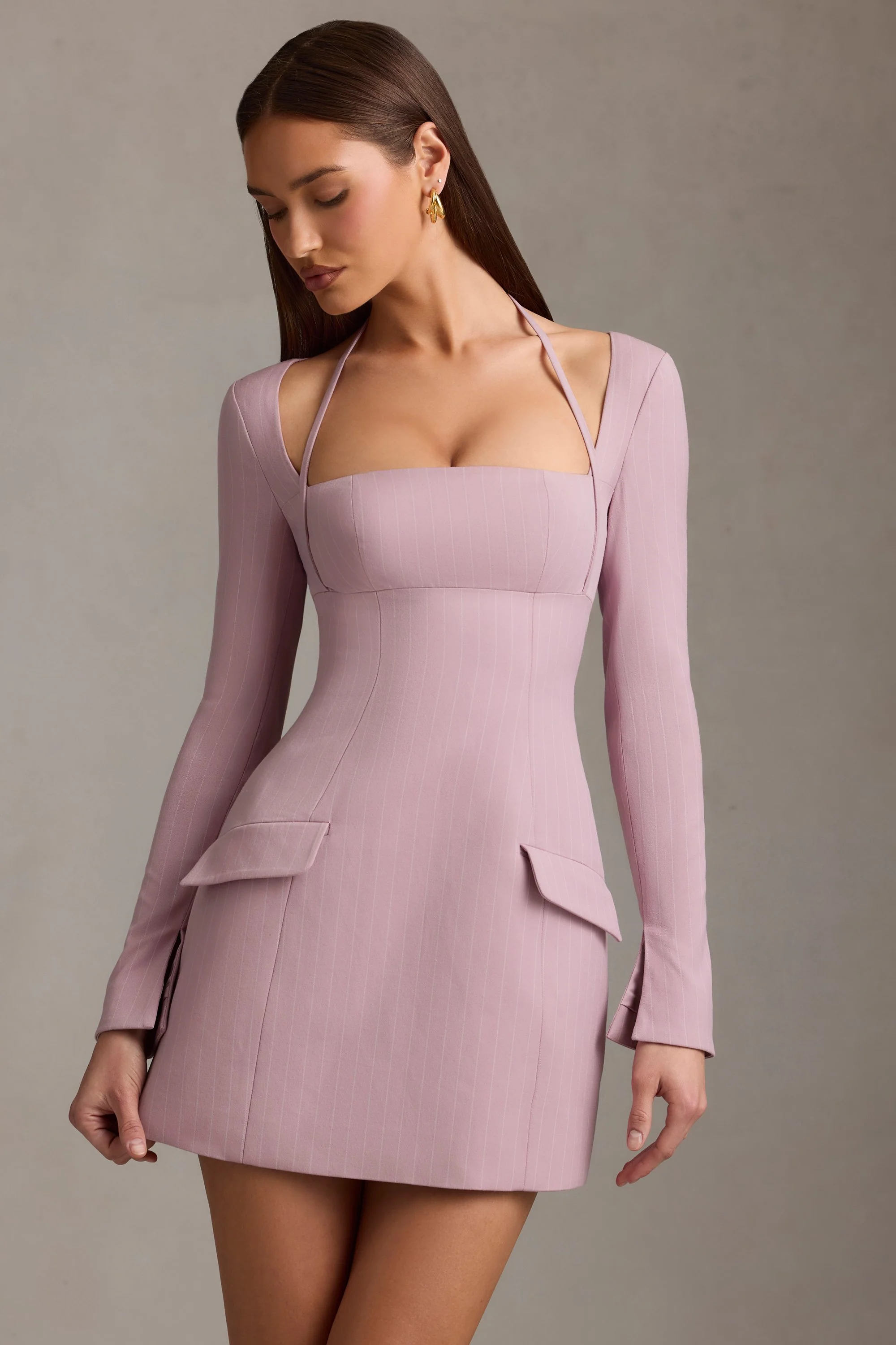 Pinstripe Structured A-Line Mini Dress in Mauve