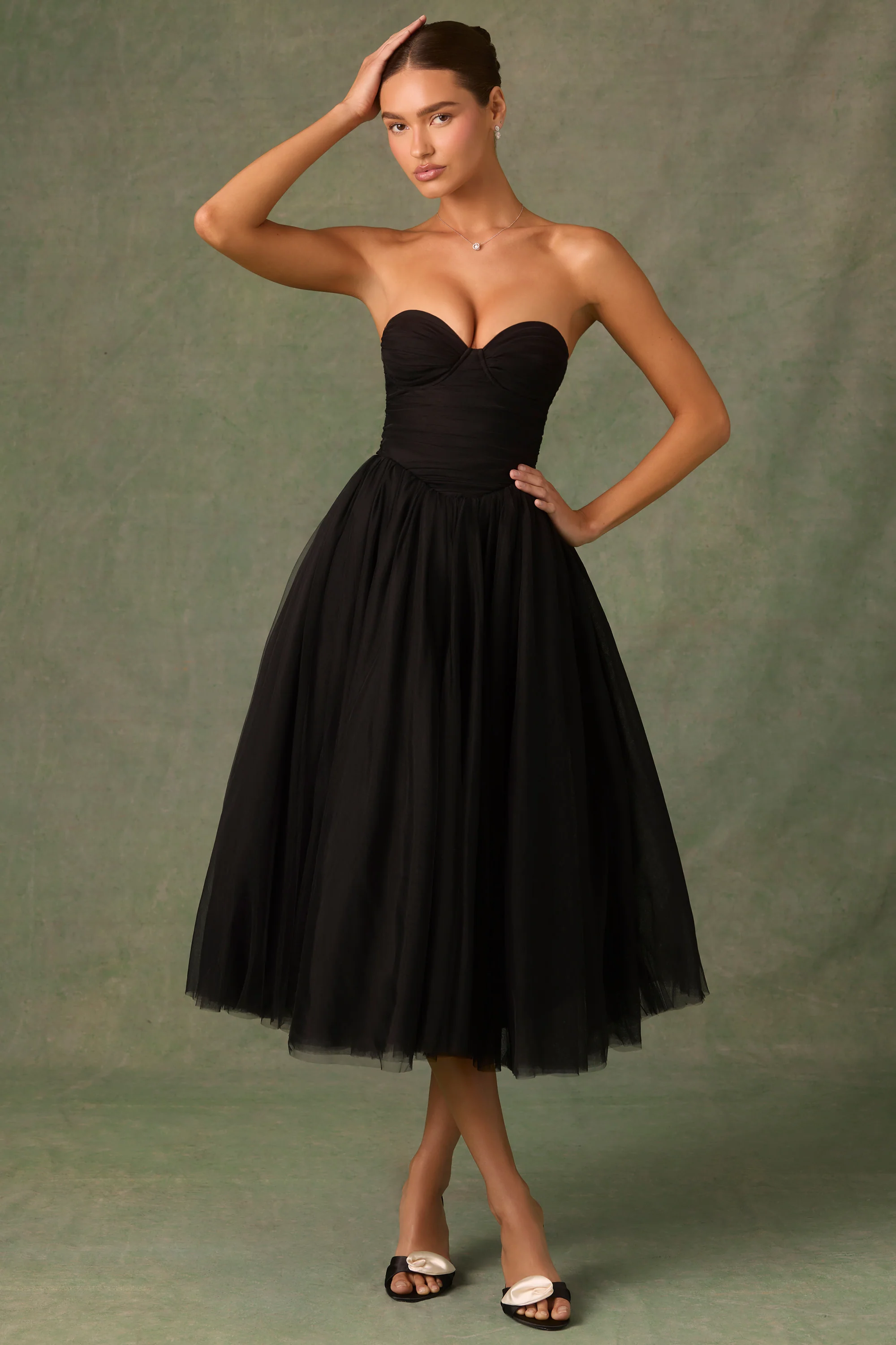 Tulle Corset Midaxi Dress in Black