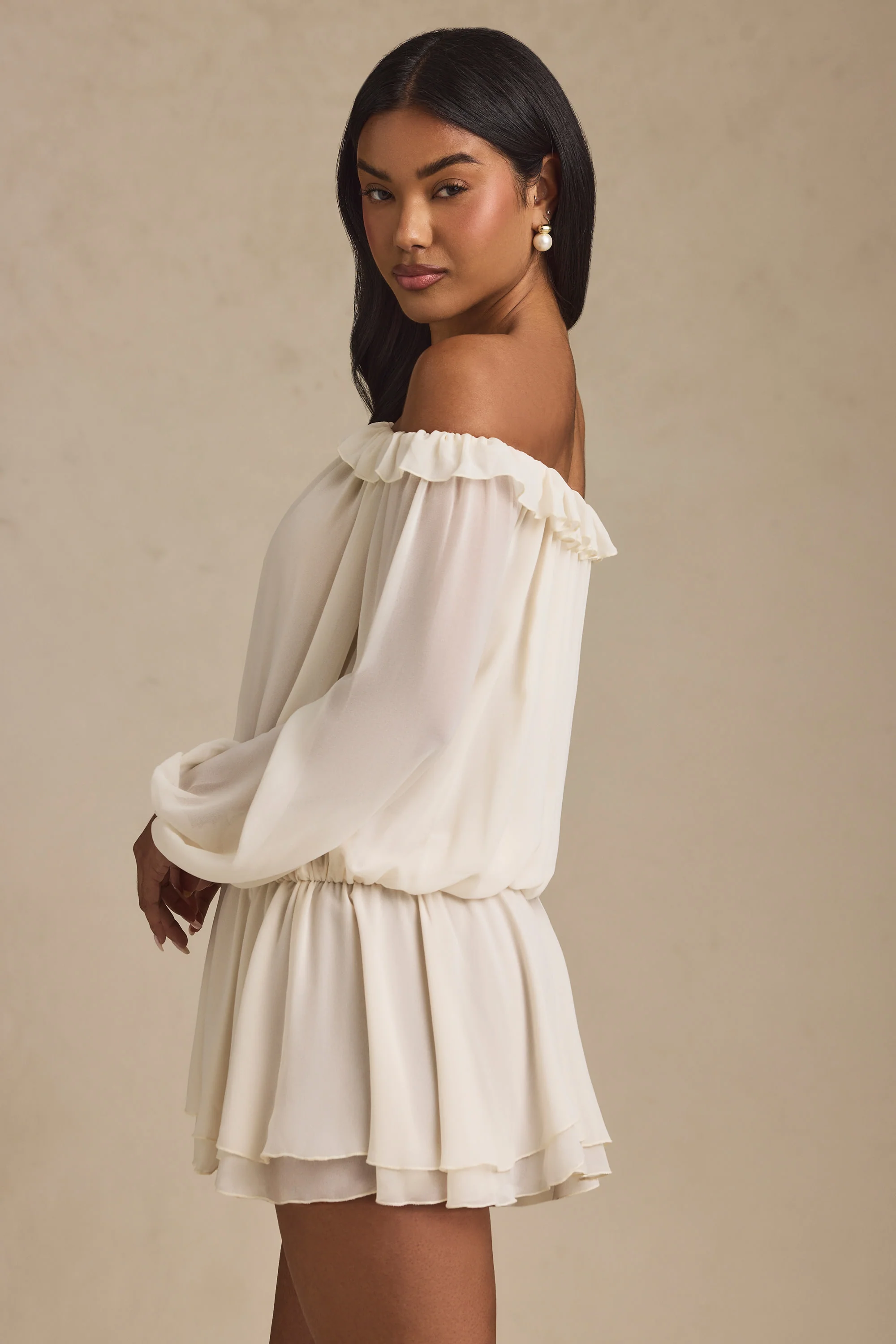Off-Shoulder Asymmetric Balloon-Sleeve Mini Dress in Ivory