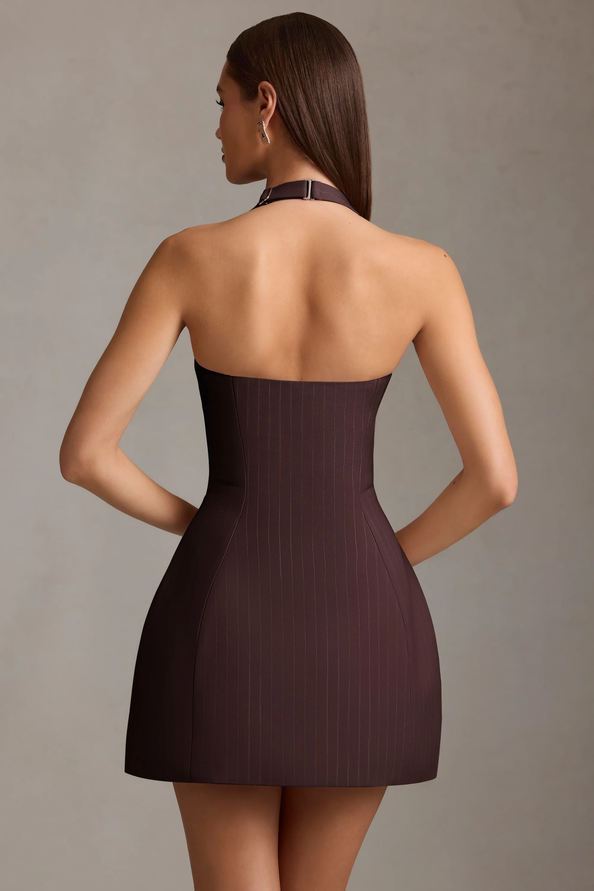 Pinstripe Halterneck Structured A-Line Mini Dress in Chocolate Brown