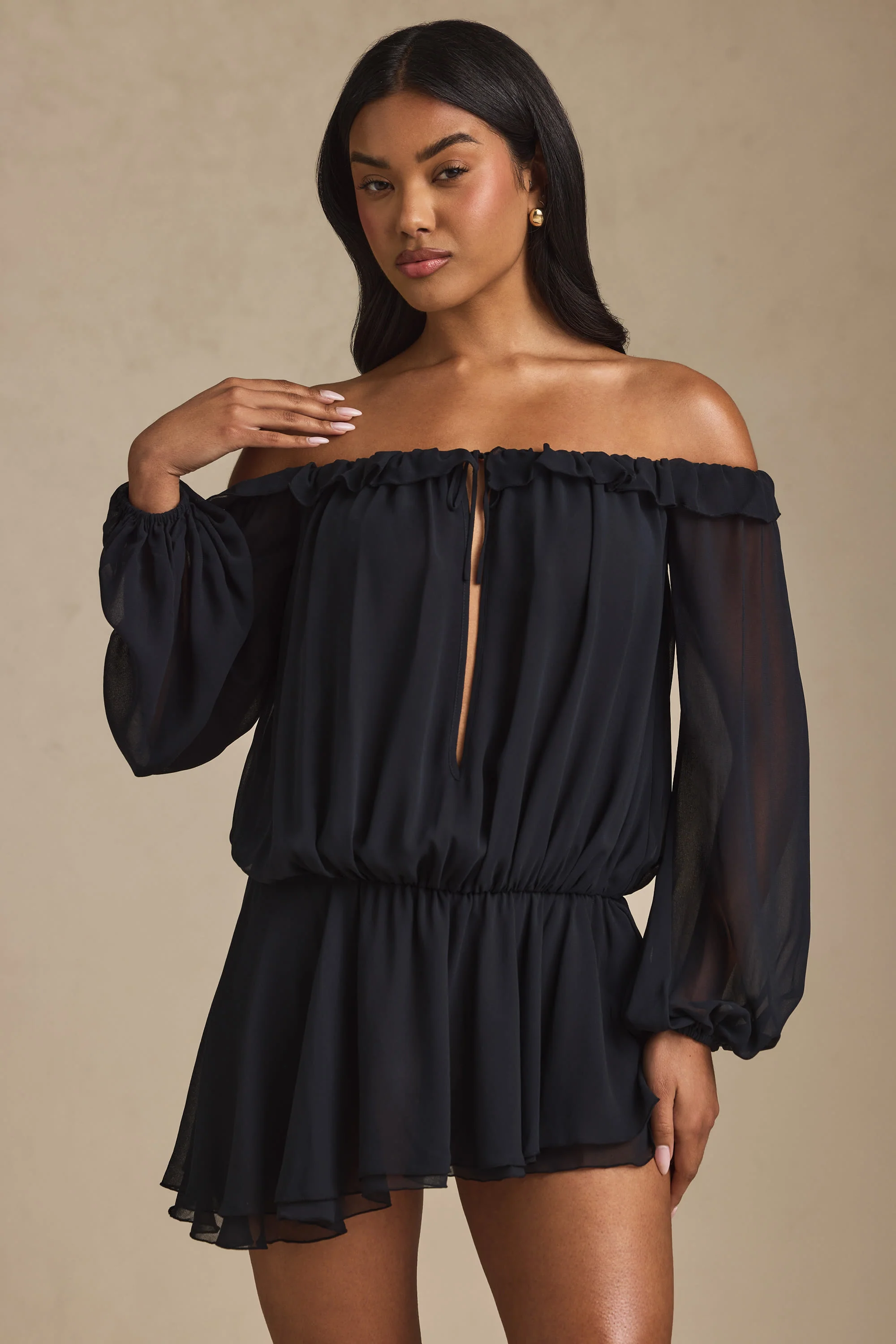 Off-Shoulder Asymmetric Balloon-Sleeve Mini Dress in Black
