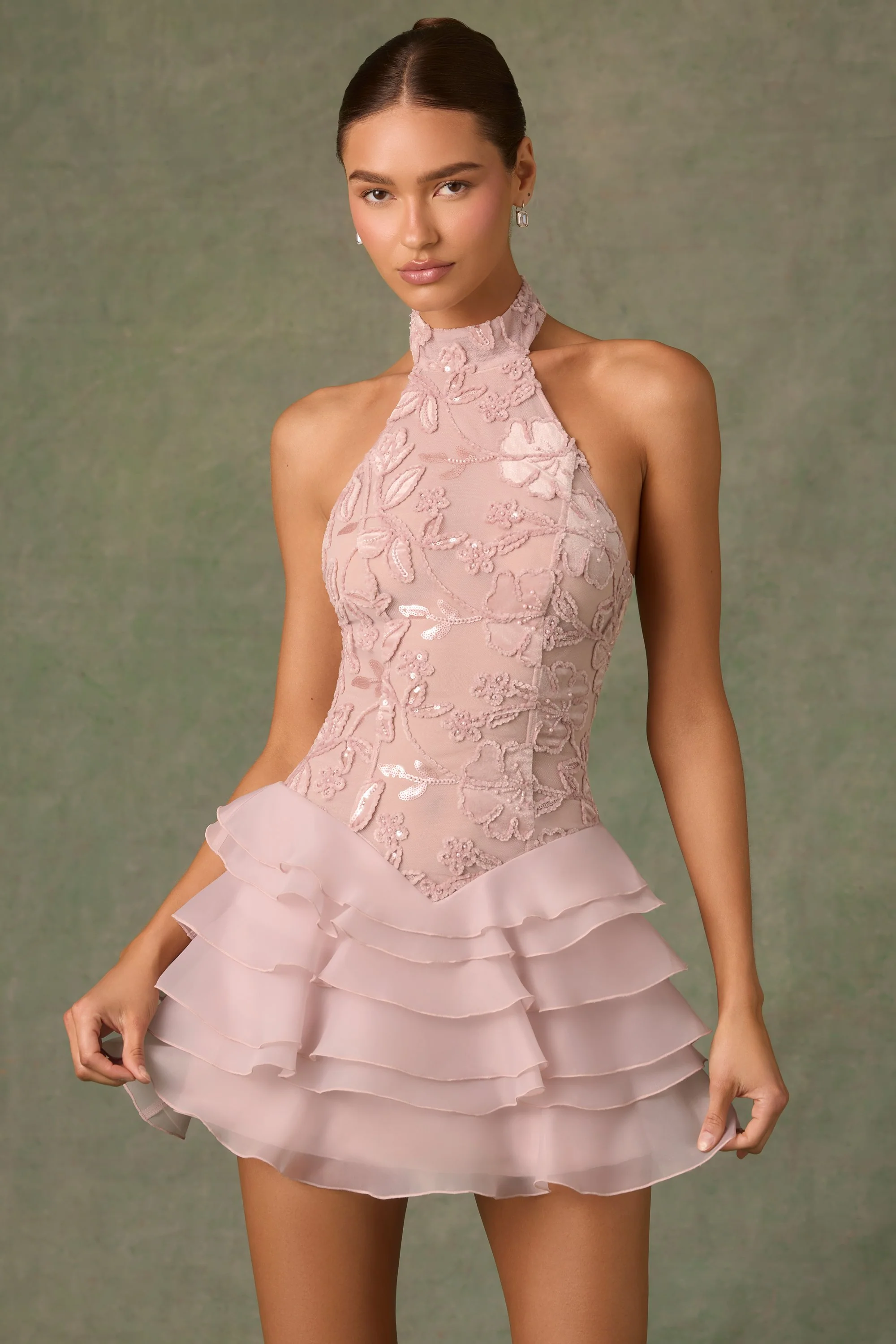 Embellished Ruffled Halterneck Mini Dress in Dusty Rose