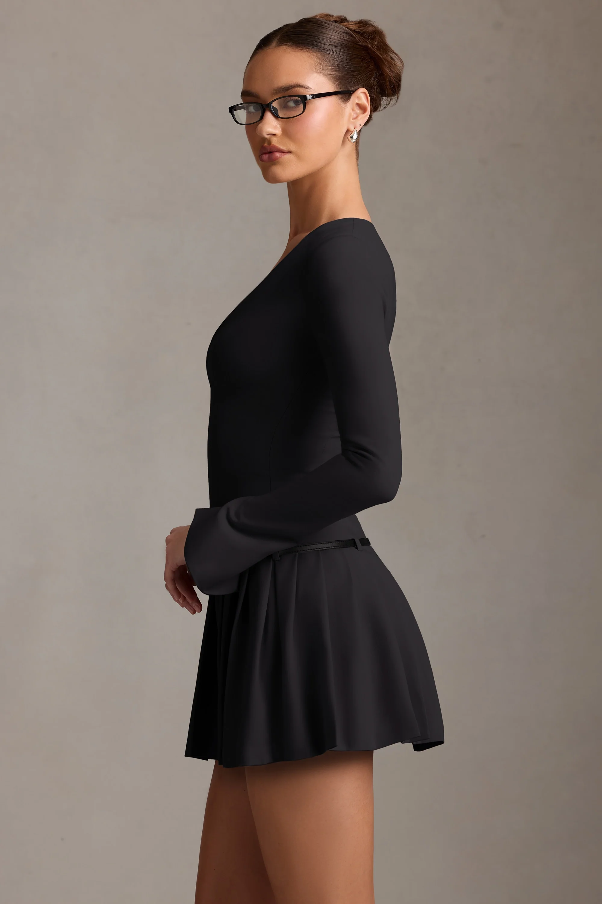 Long-Sleeve Pleated Mini Dress in Black