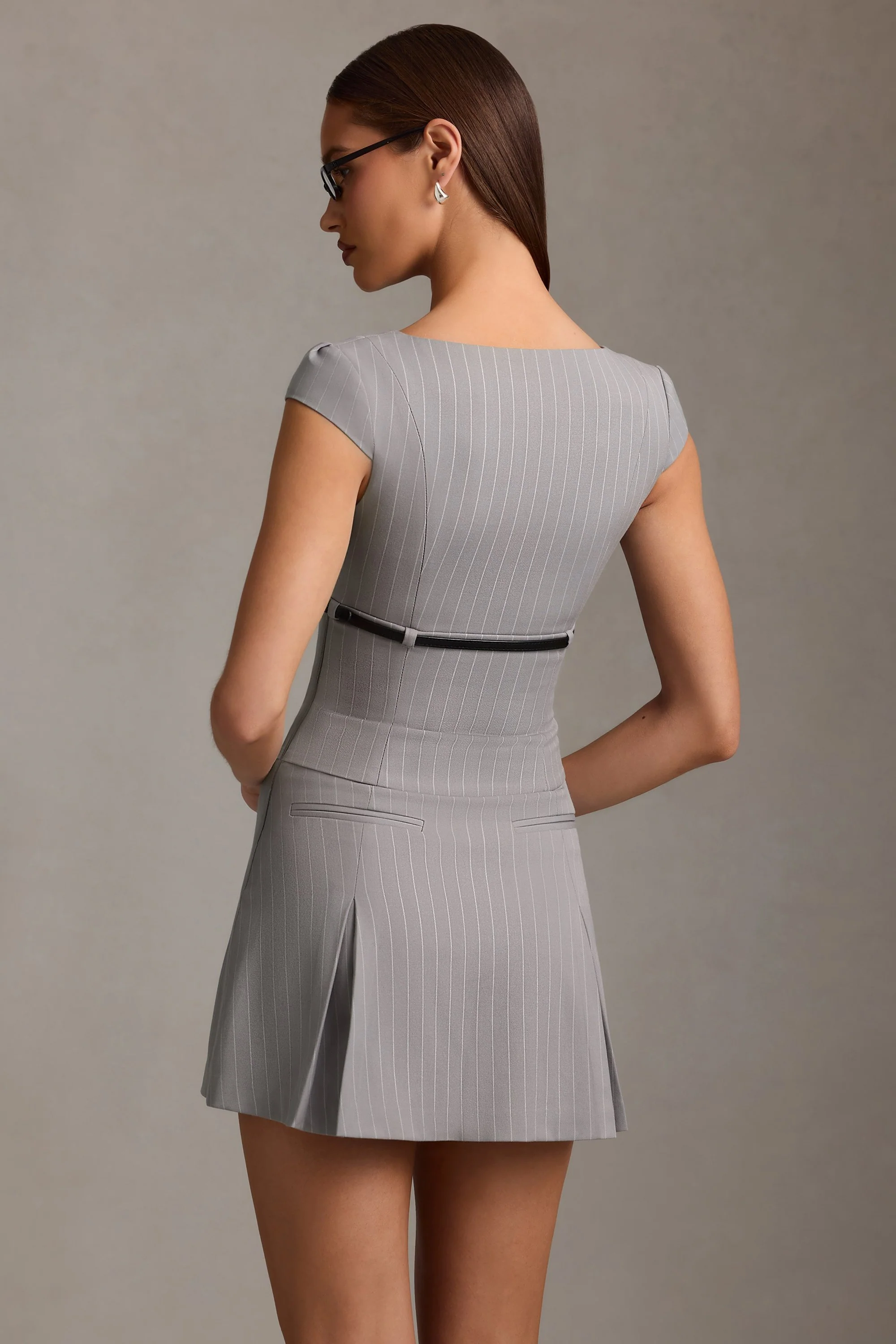 Pinstripe Pleated Waistcoat Mini Dress in Grey