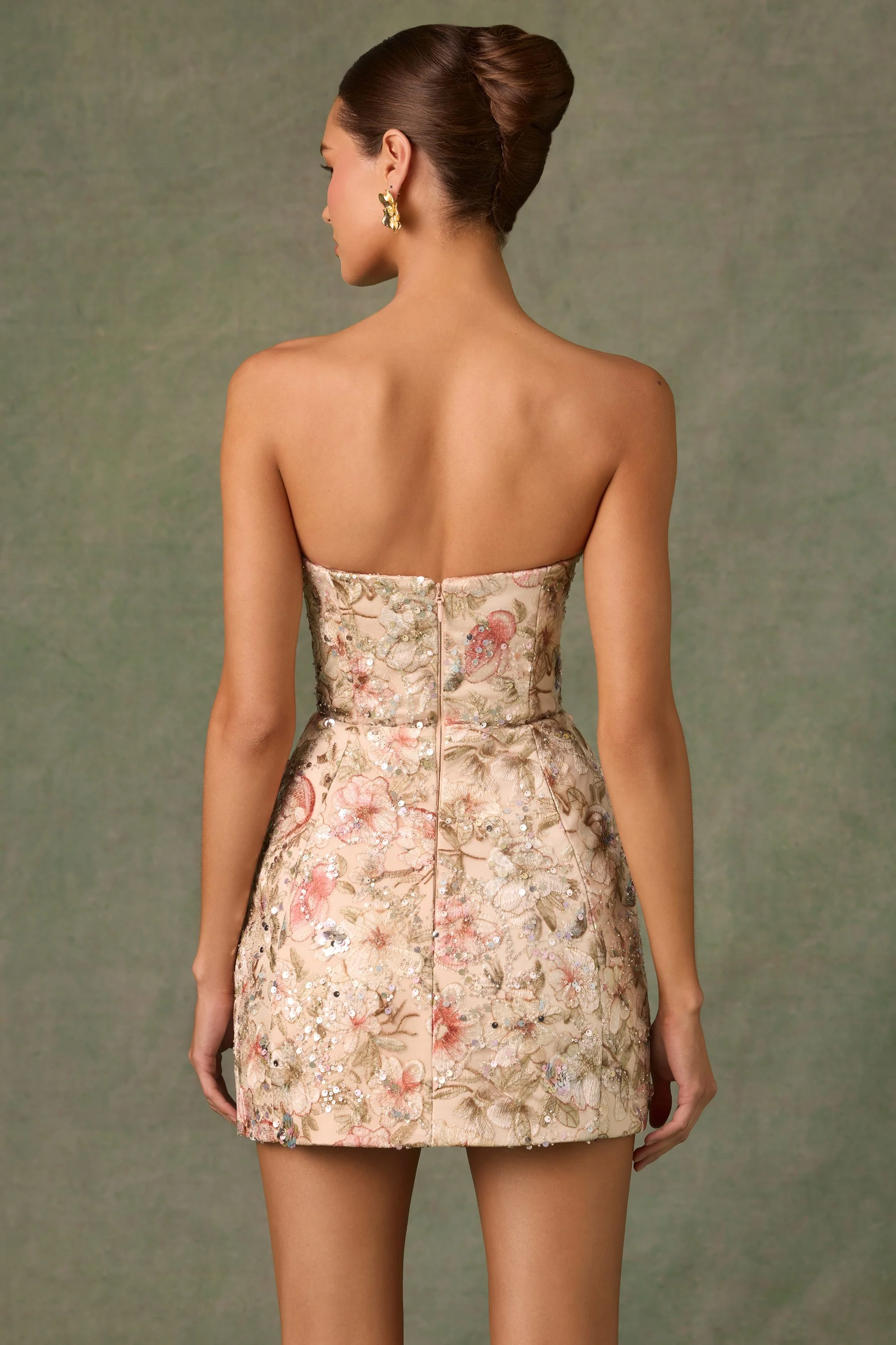 Embellished Strapless A-Line Mini Dress in Floral Beige