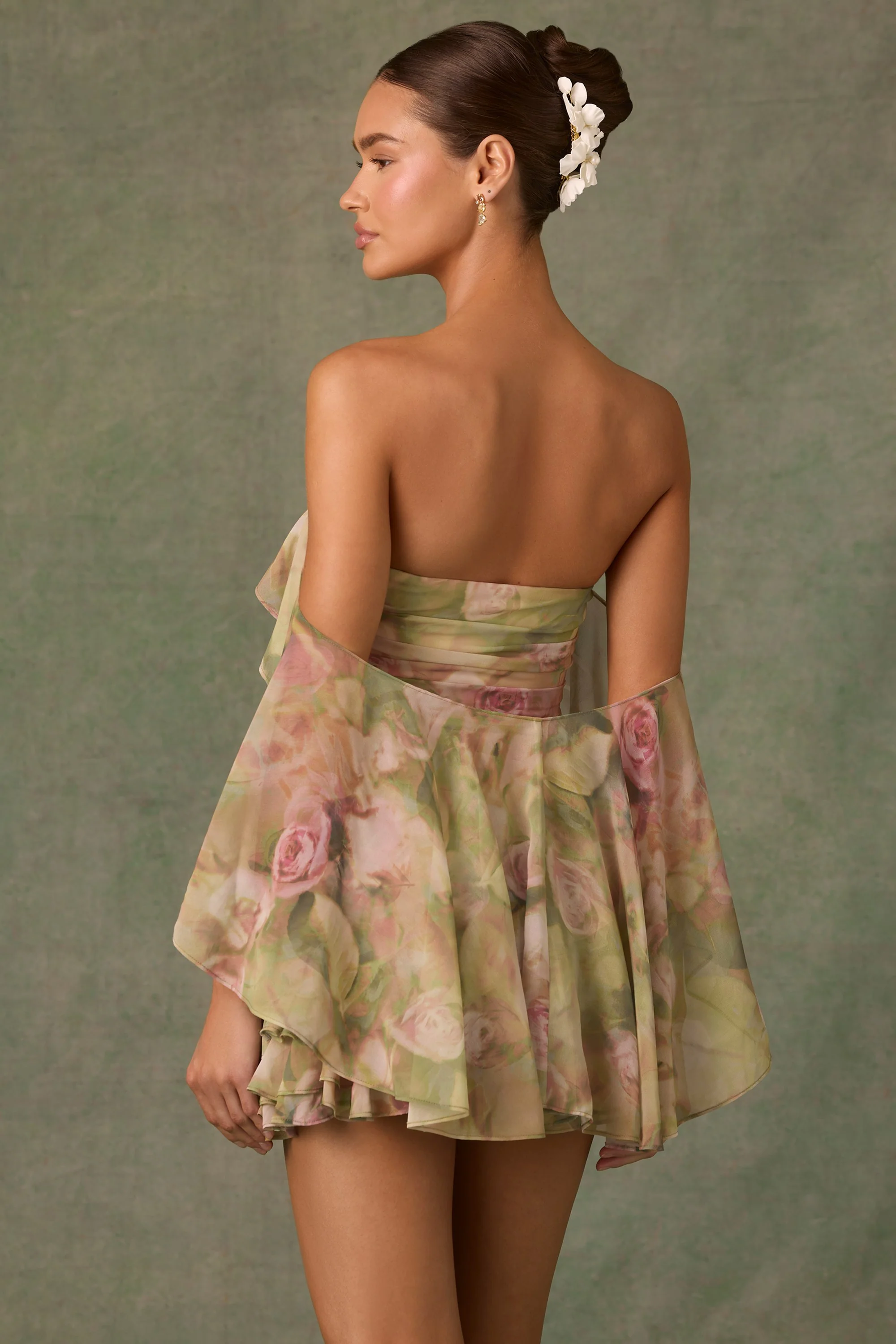 Off-Shoulder Ruffled Mini Dress in Floral Multi Print