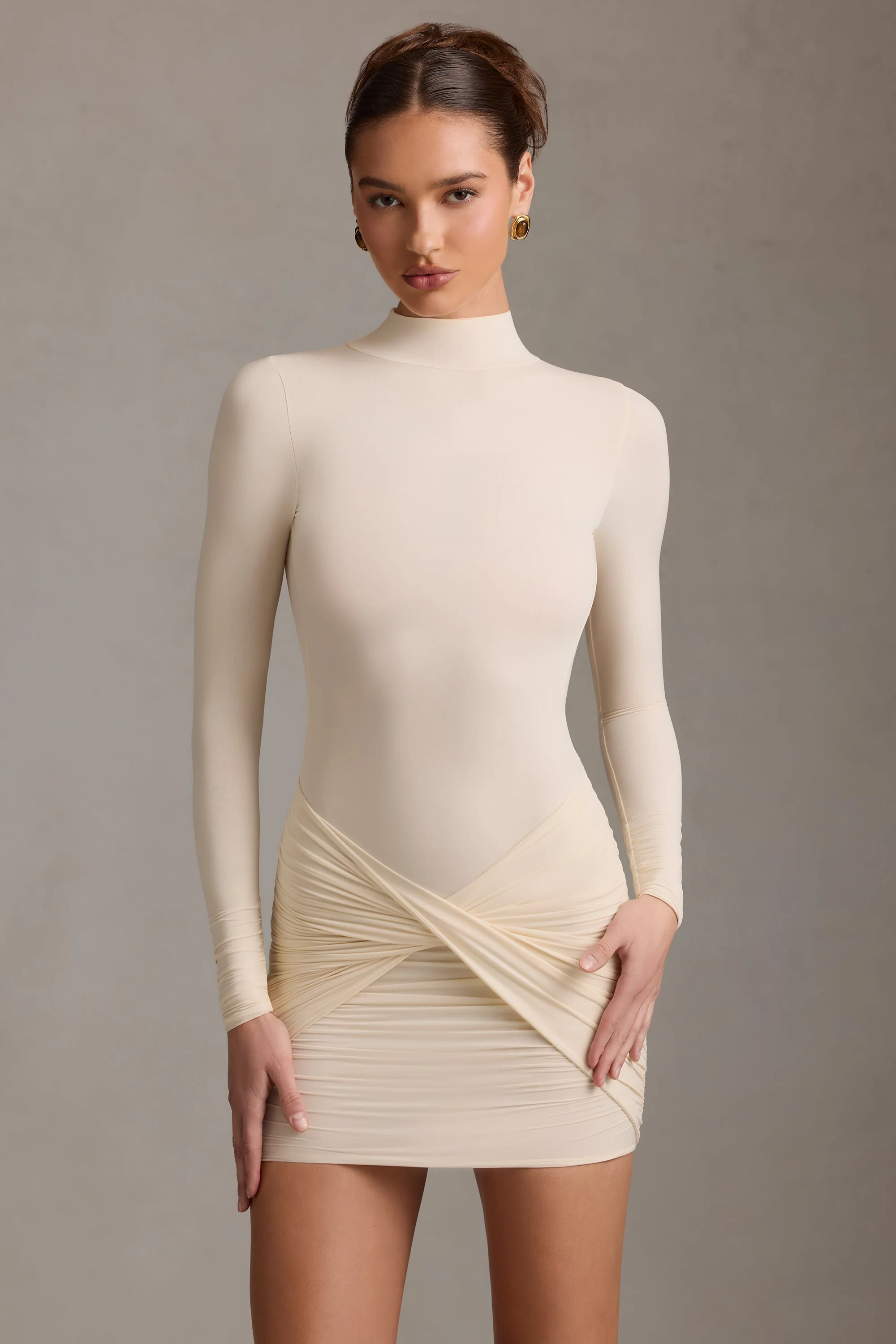 Ruched Backless Turtleneck Mini Dress in Ivory