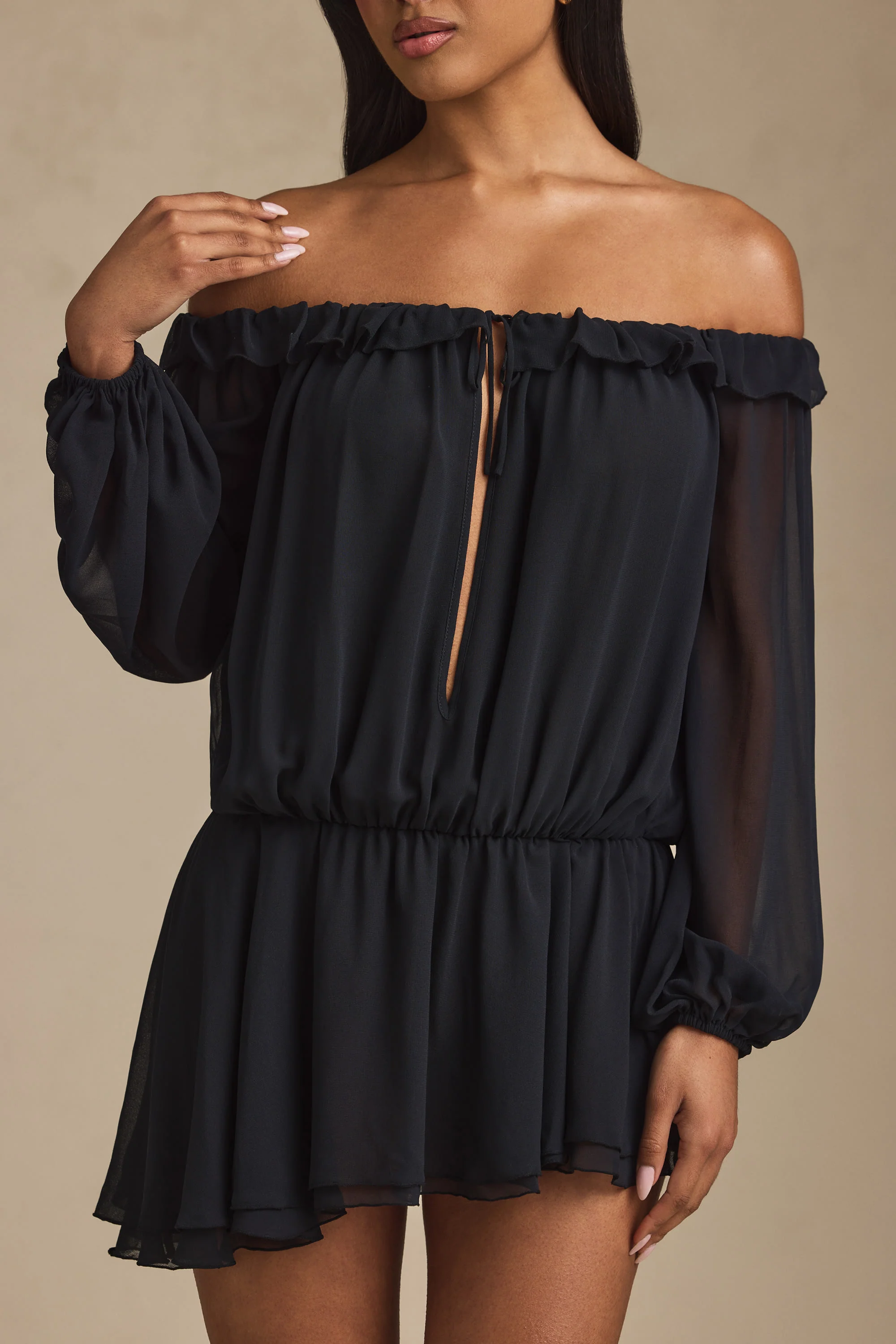 Off-Shoulder Asymmetric Balloon-Sleeve Mini Dress in Black