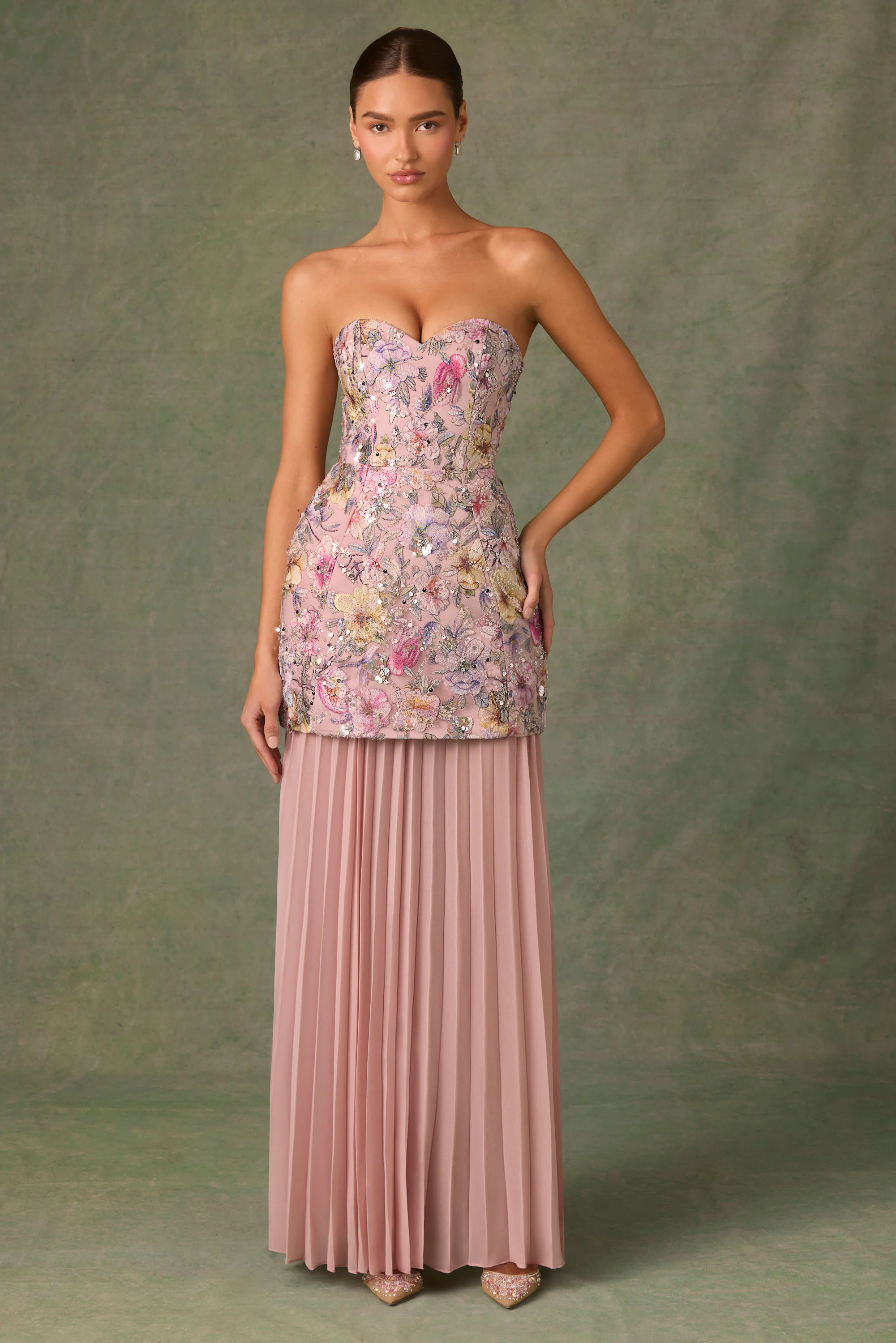 Embellished Convertible Lace-Up Gown in Floral Pink