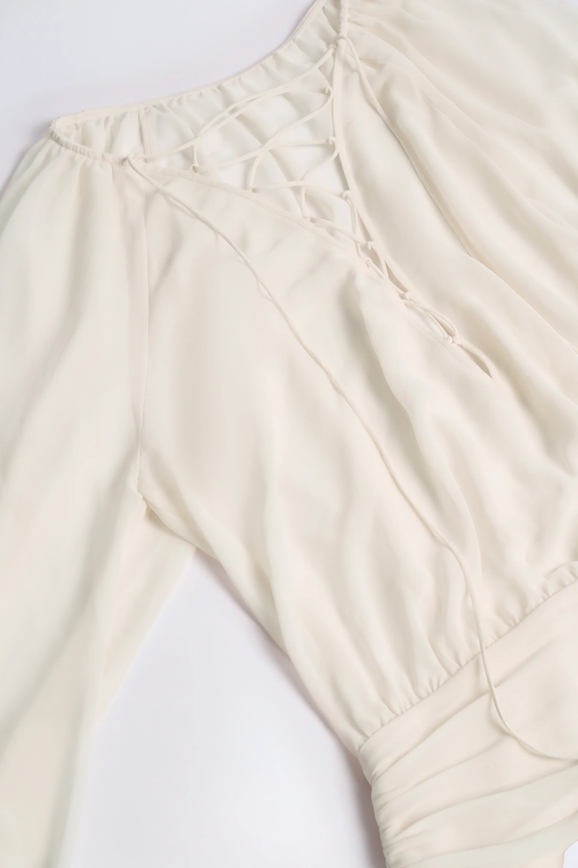 Lace-Up Balloon-Sleeve Mini Dress in Ivory