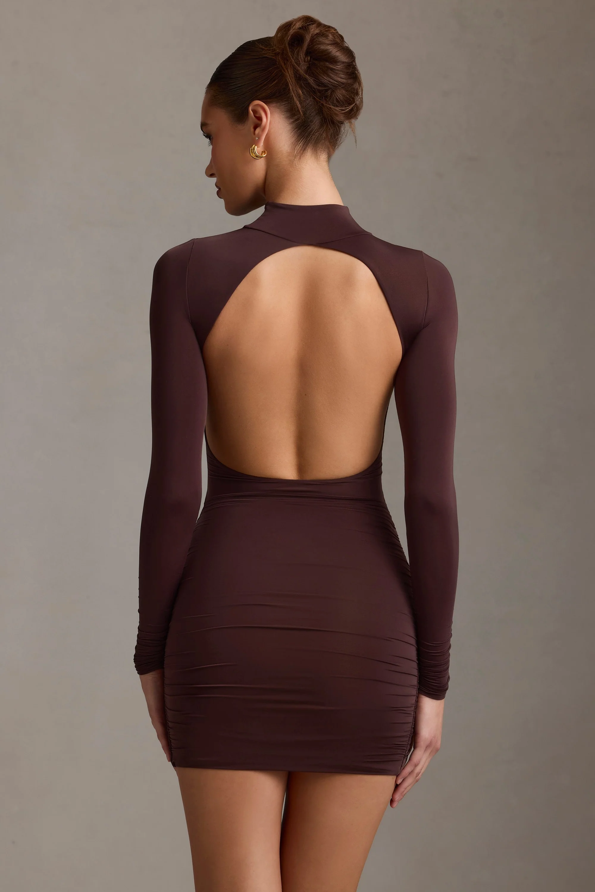 Ruched Backless Turtleneck Mini Dress in Chocolate Brown