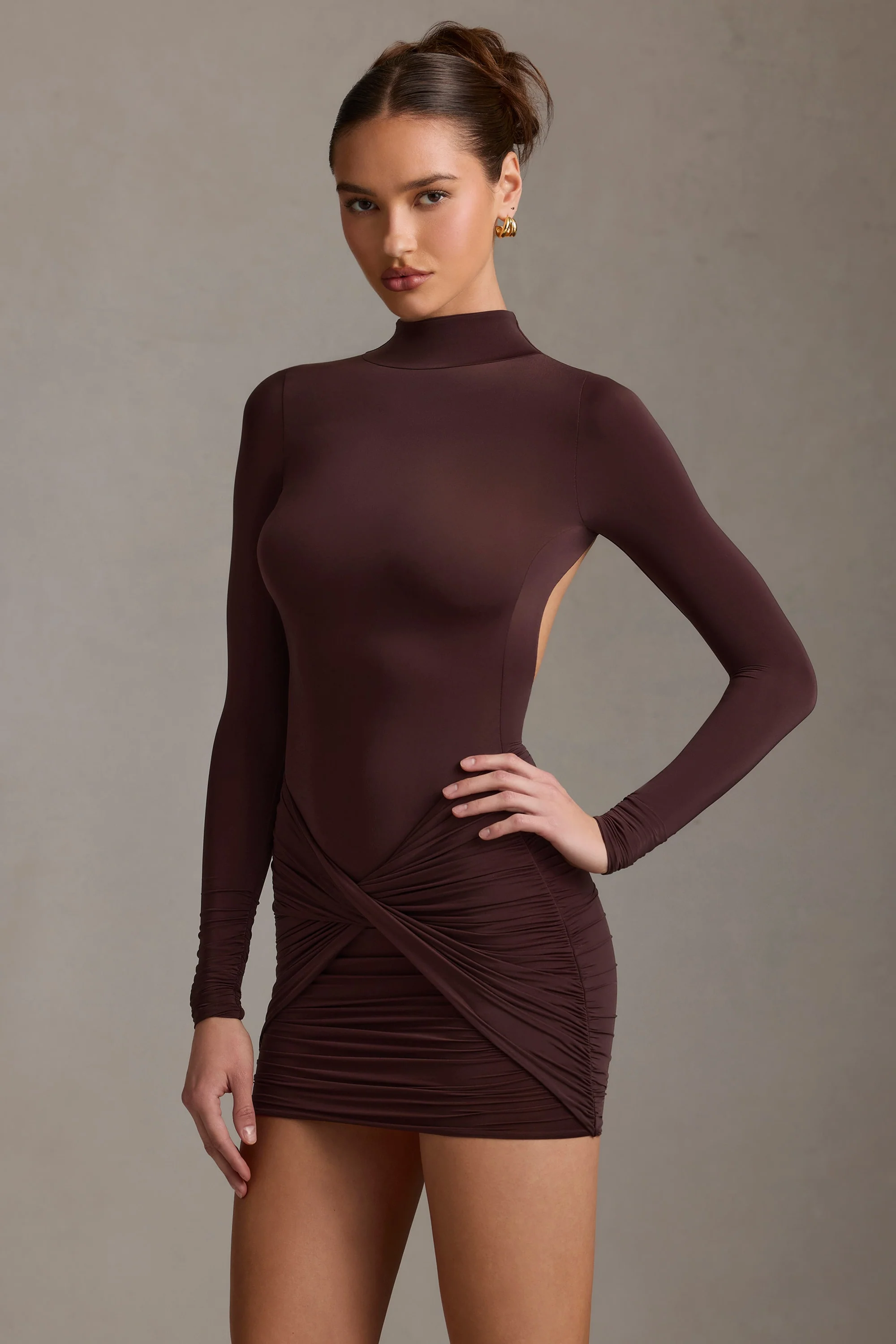 Ruched Backless Turtleneck Mini Dress in Chocolate Brown
