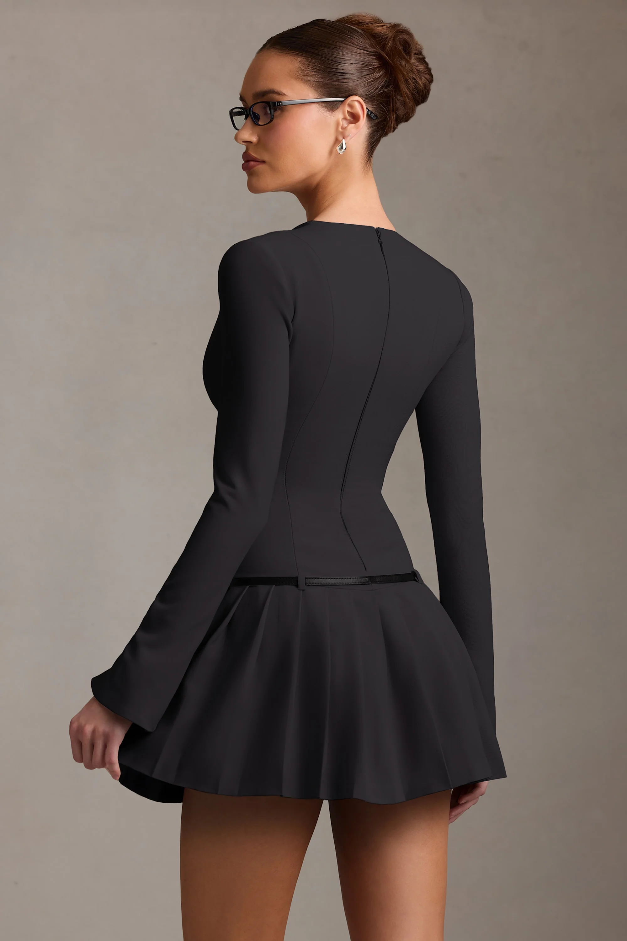 Long-Sleeve Pleated Mini Dress in Black