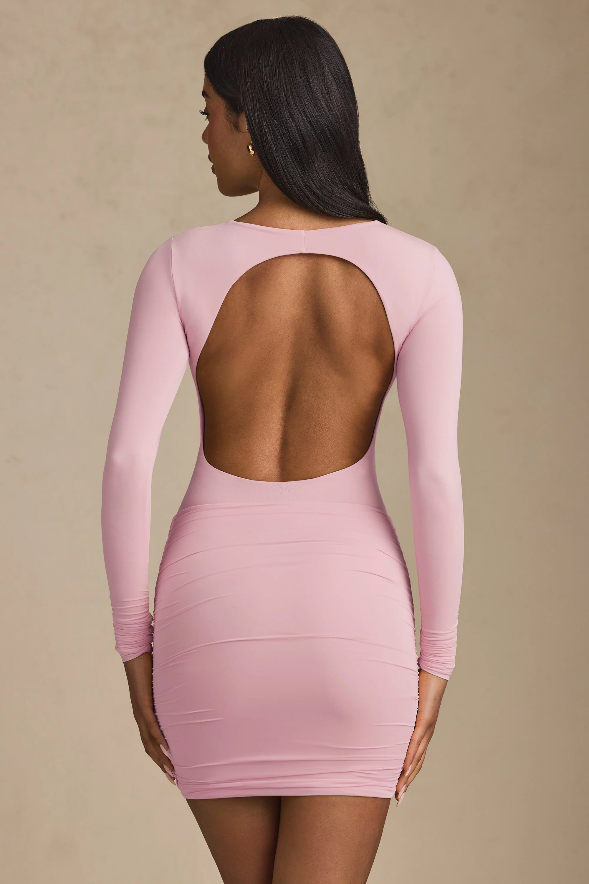 Twist-Front Ruched Backless Mini Dress in Soft Pink