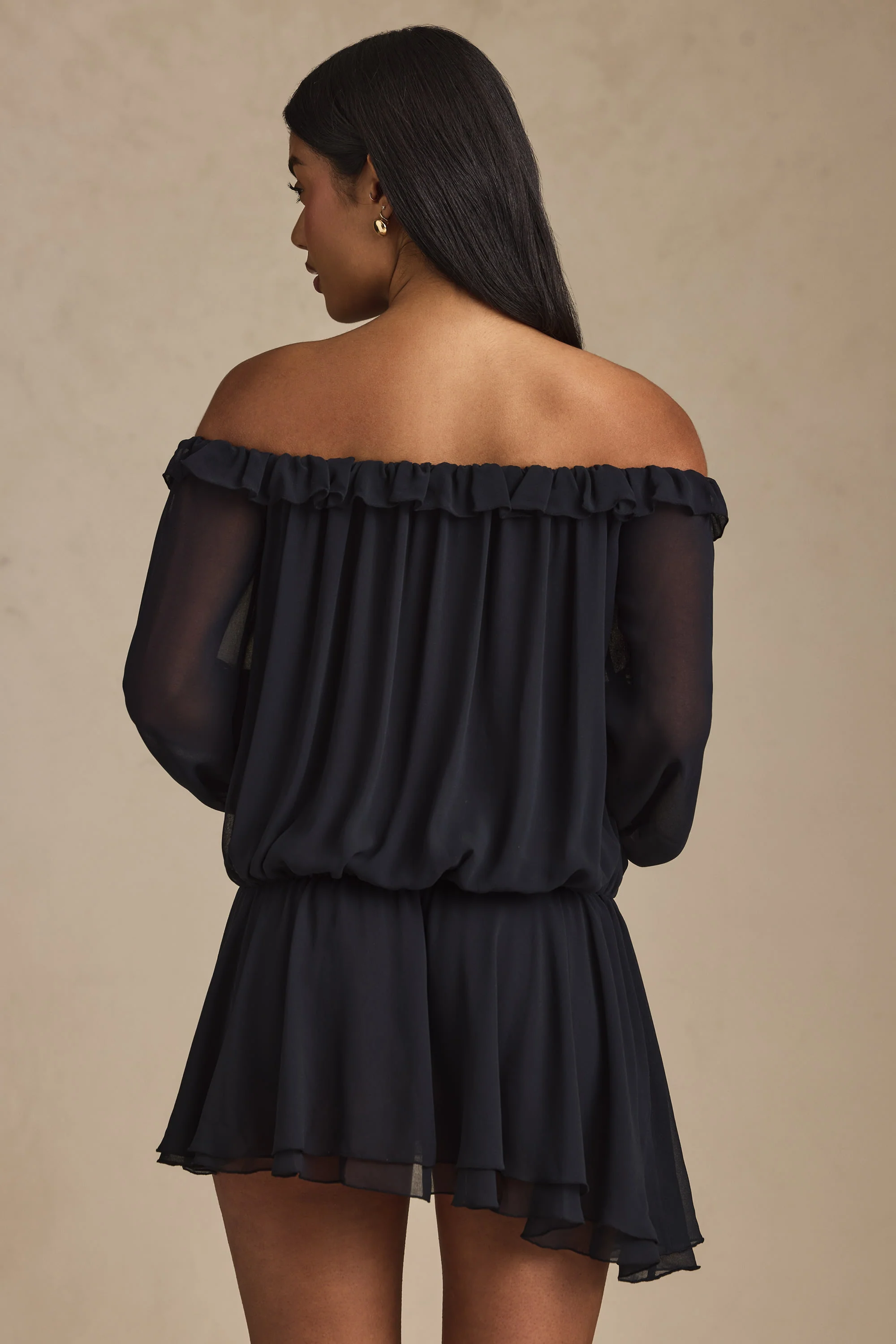 Off-Shoulder Asymmetric Balloon-Sleeve Mini Dress in Black