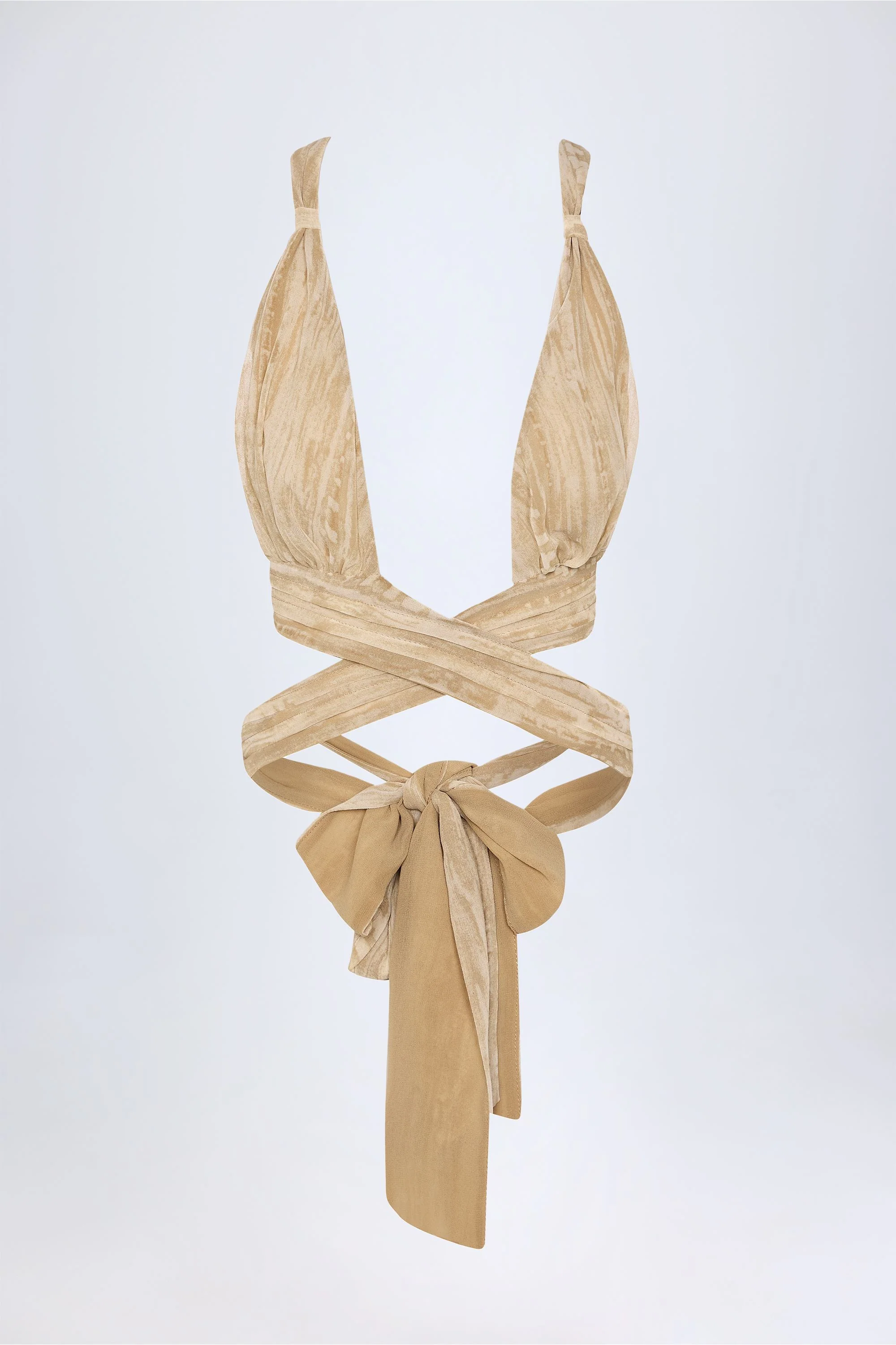 Ruched Halterneck Crop Top in Tan Print