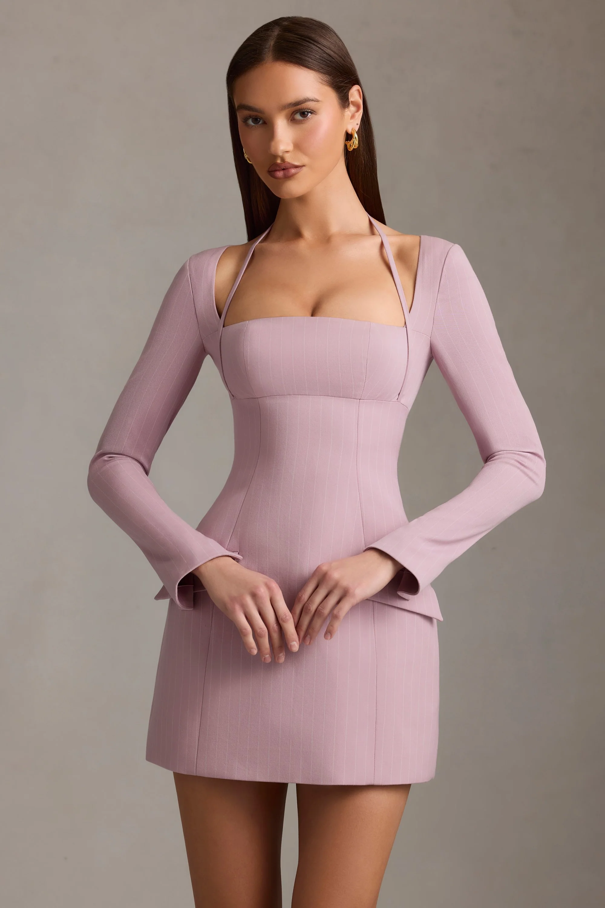 Pinstripe Structured A-Line Mini Dress in Mauve