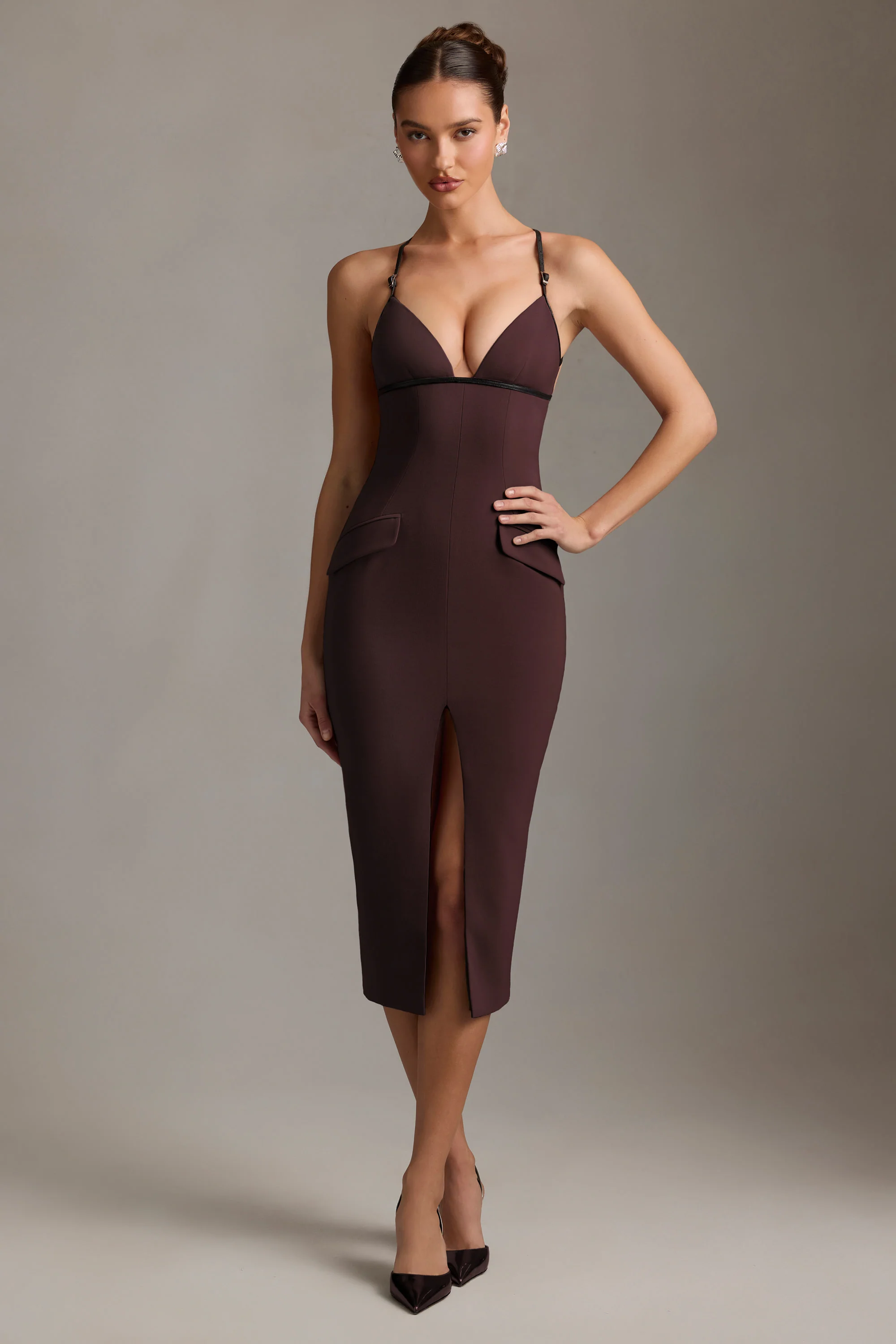 Plunge-Neck Backless Midaxi Dress in Chocolate Brown