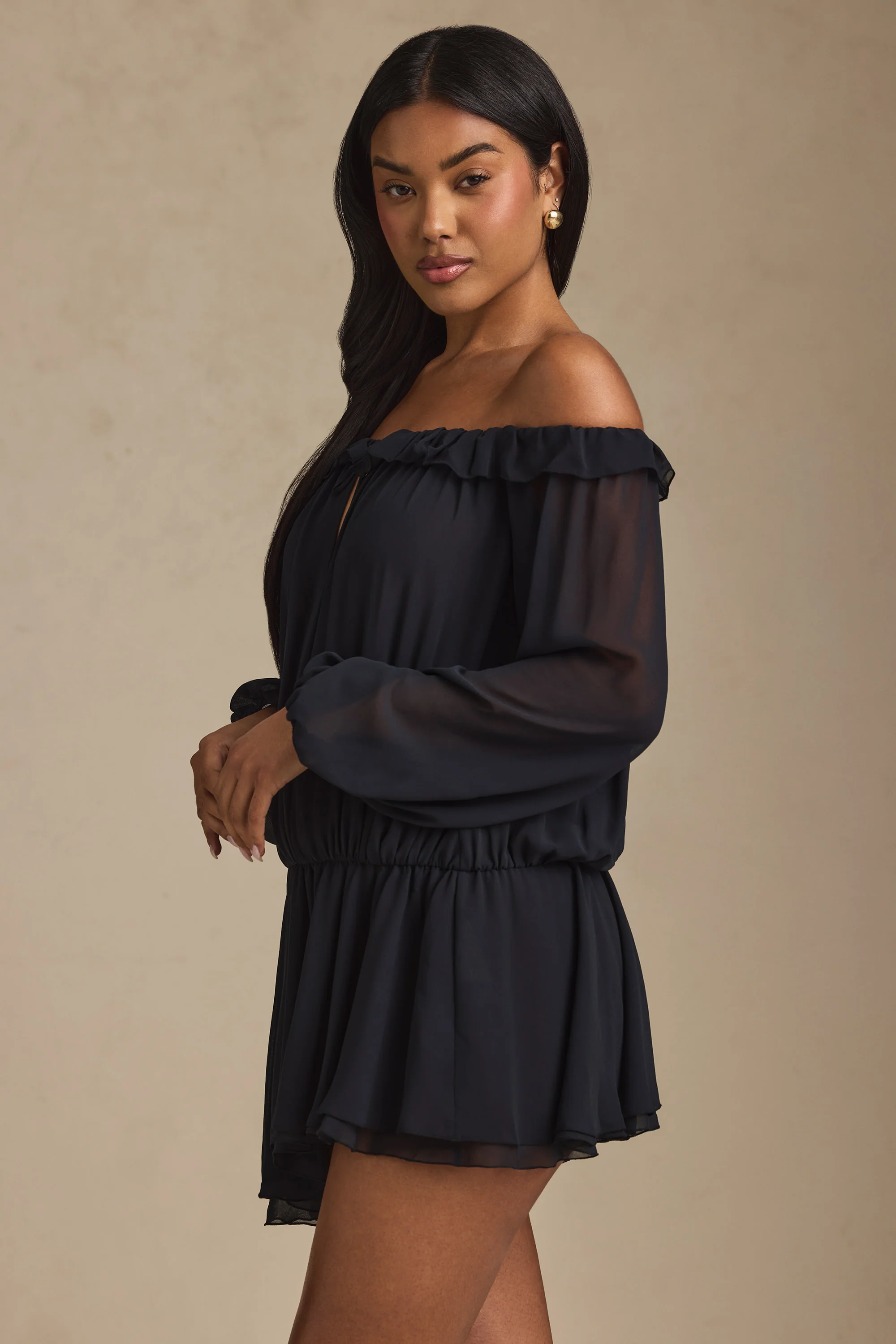 Off-Shoulder Asymmetric Balloon-Sleeve Mini Dress in Black