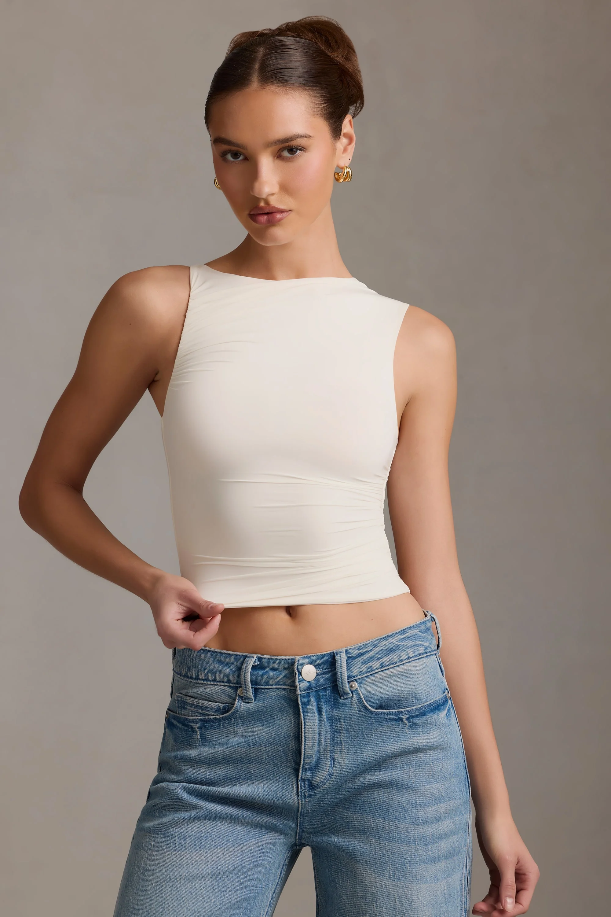 Asymmetric Ruched Tank Top in Vanilla