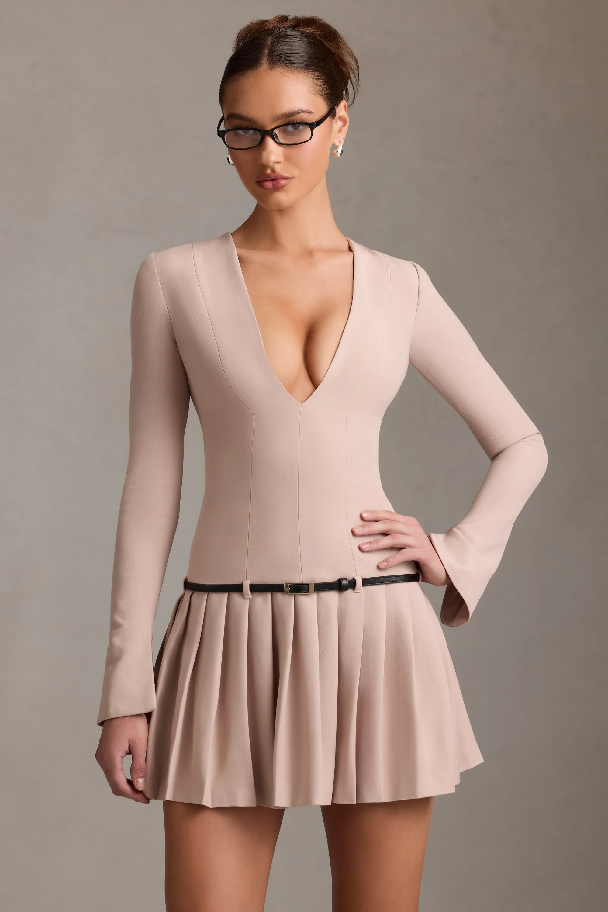 Long-Sleeve Pleated Mini Dress in Mushroom