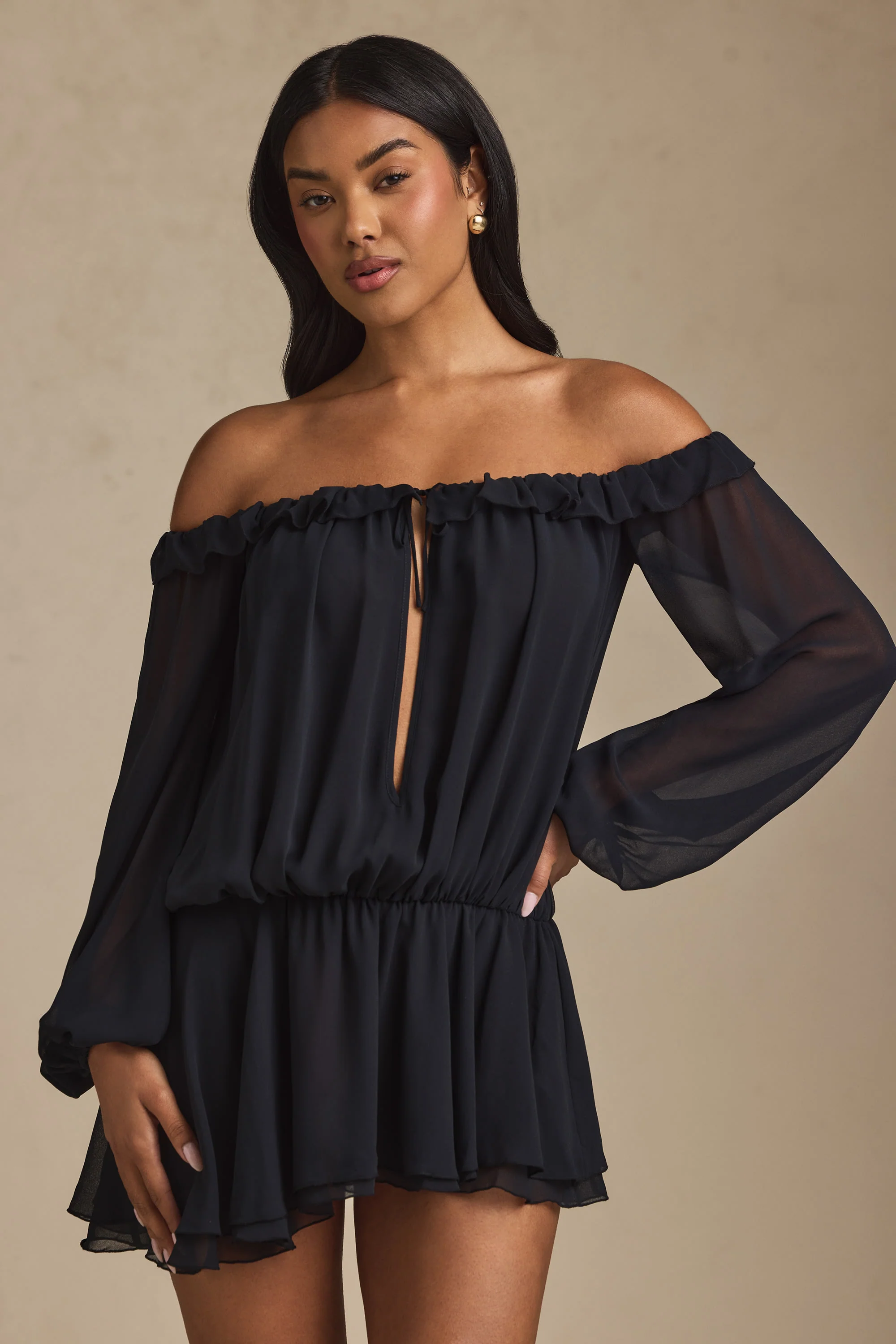 Off-Shoulder Asymmetric Balloon-Sleeve Mini Dress in Black