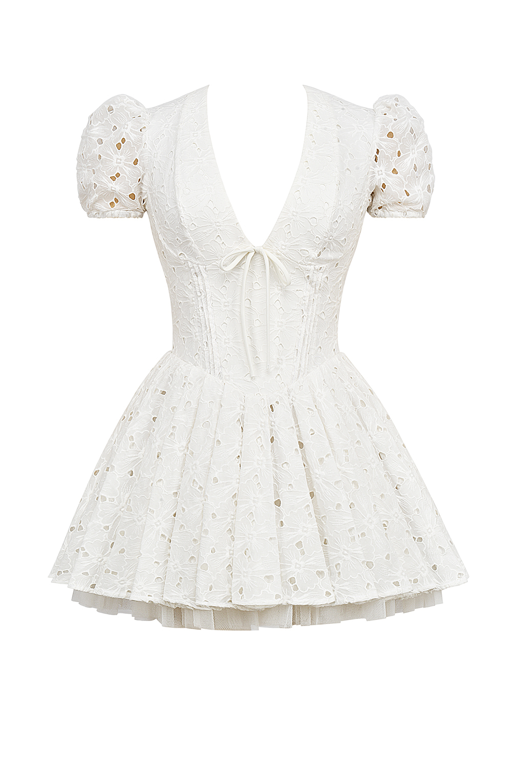 Imani White Pleated Broderie Anglais Mini Dress