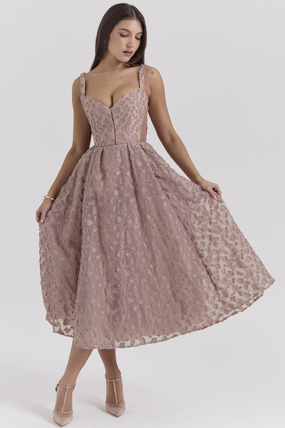 Lovely French Rose Jacquard Sweetheart Neckline Midi Dress - SALE