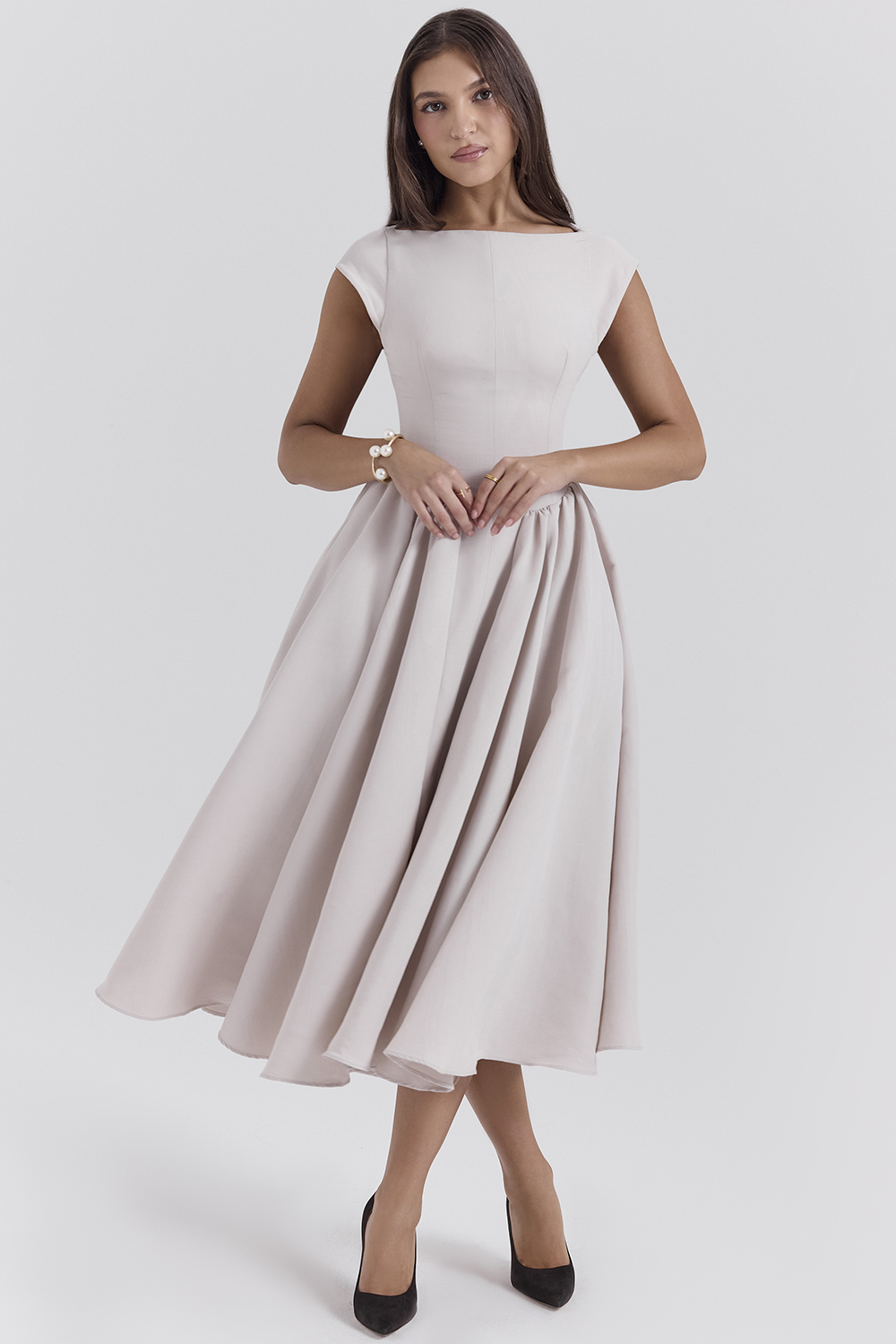 Debutante French Dove Moire Satin Backless Midi Dress