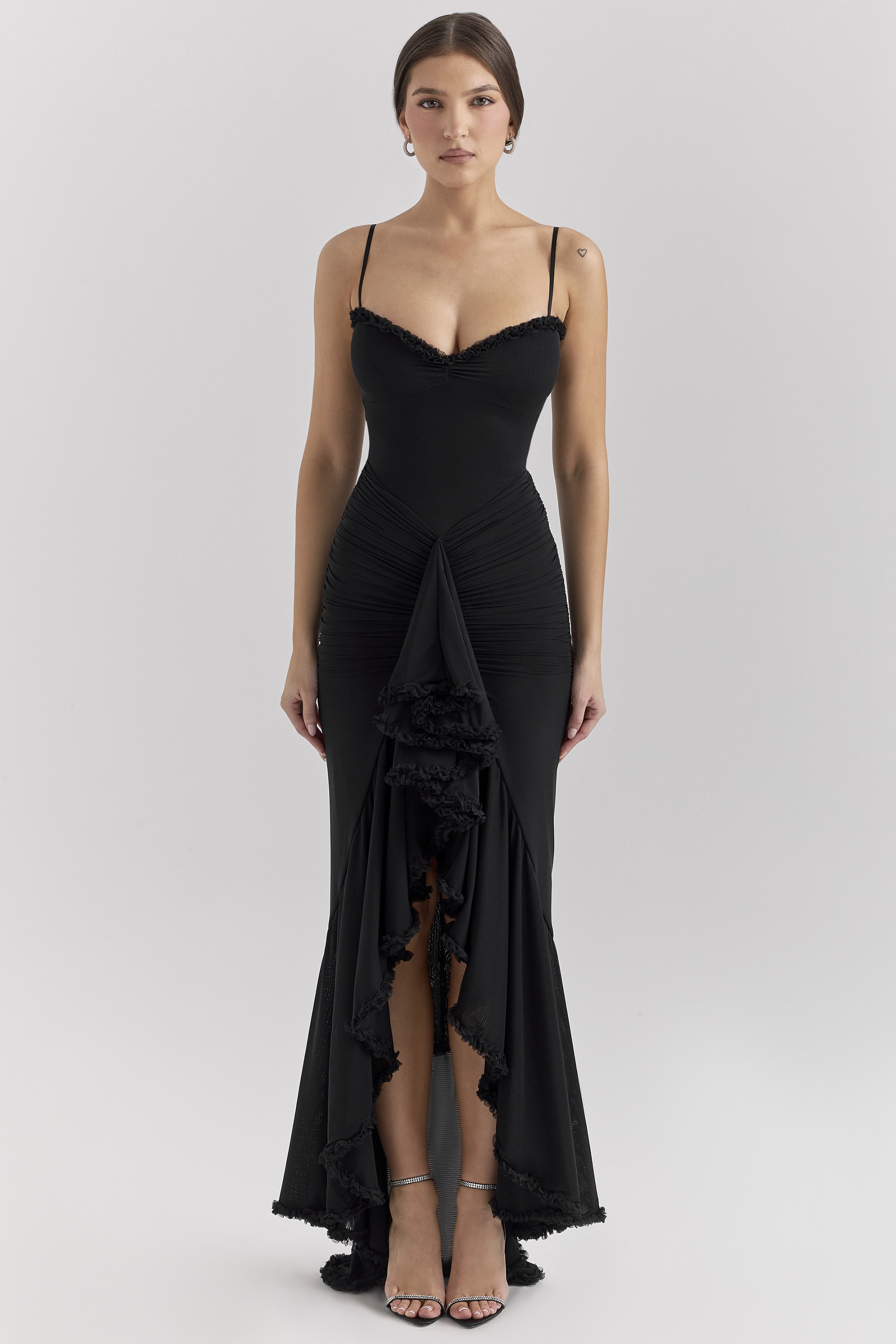 Gabbi Black Mesh Ruffled Front Gown