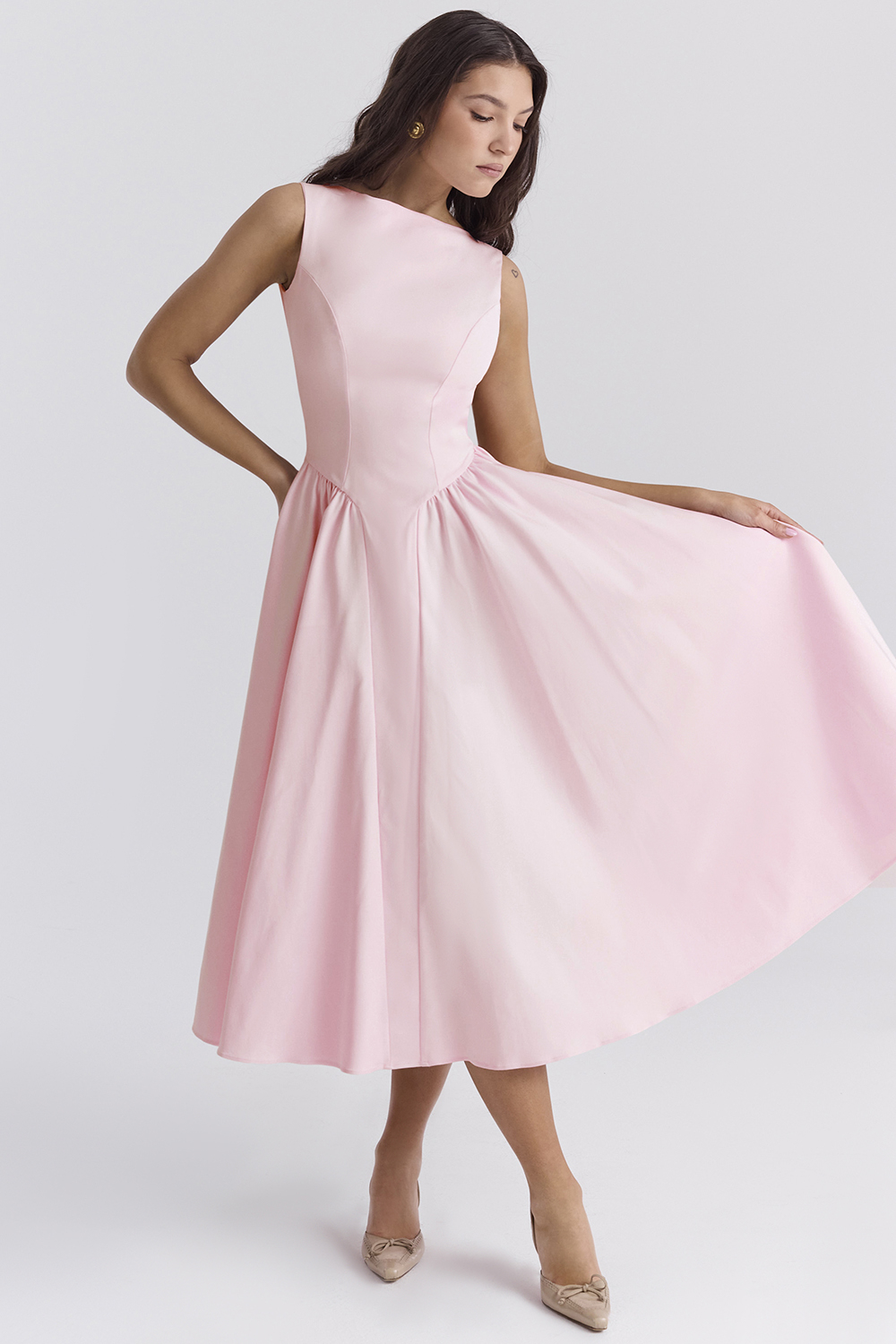 Cindy Ballerina Pink Twill Midi Sundress