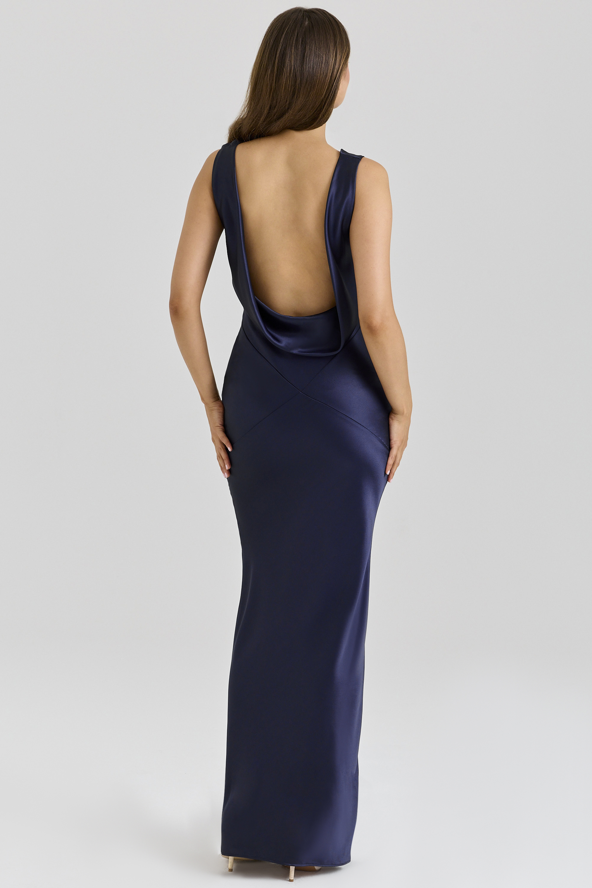 Safaira Navy Satin Draped Cowl Neck Maxi Dress