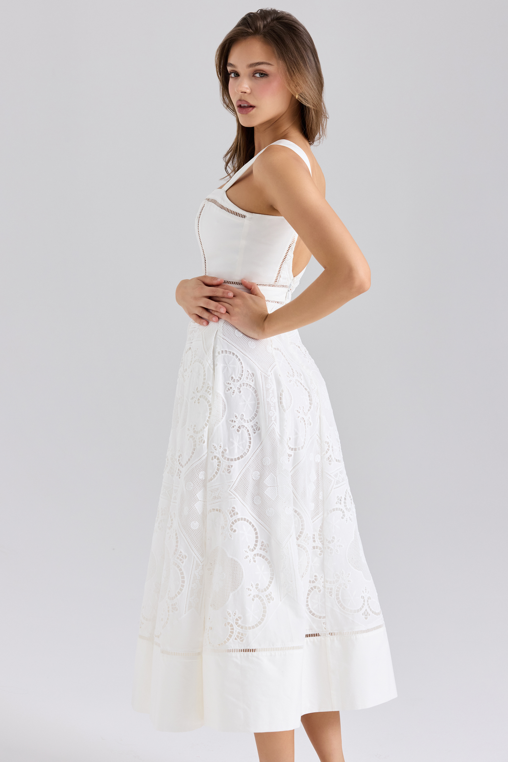 Ava White Stretch Cotton Broderie Anglaise Midi Dress