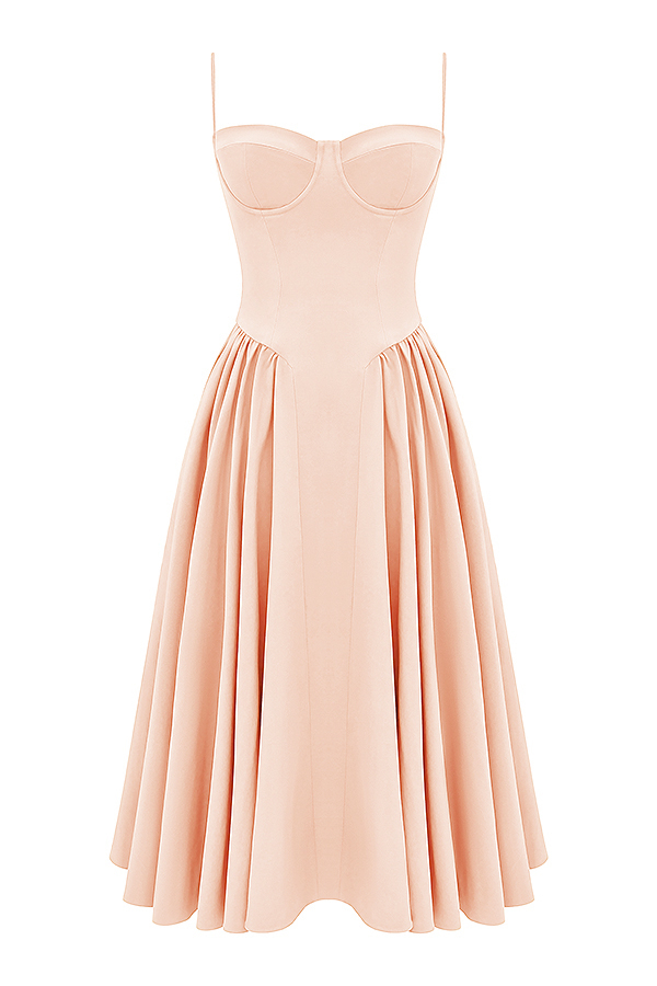Samaria Peach Parfait Twill Corset Midi Dress