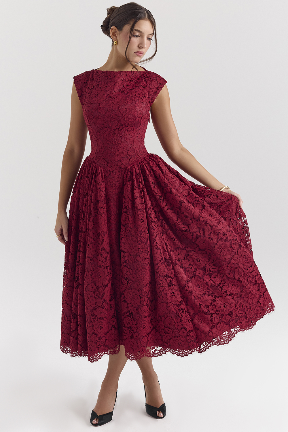 Debutante Berry Lace Backless Midi Dress