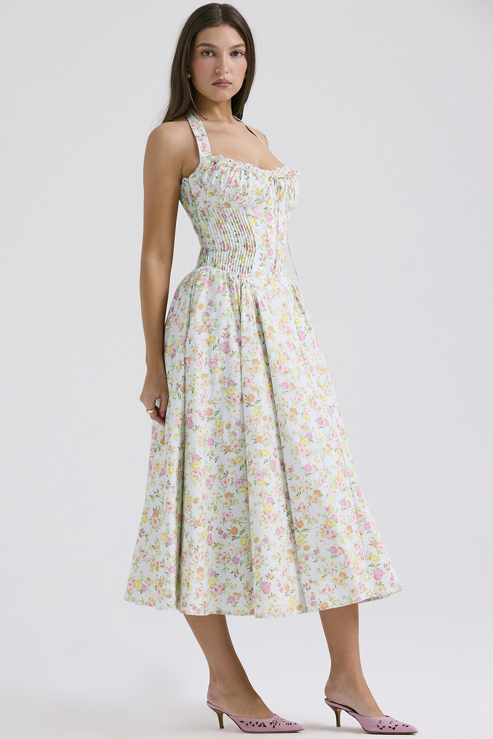 Adabella Pale Blue Meadow Print Cotton Halter Sundress