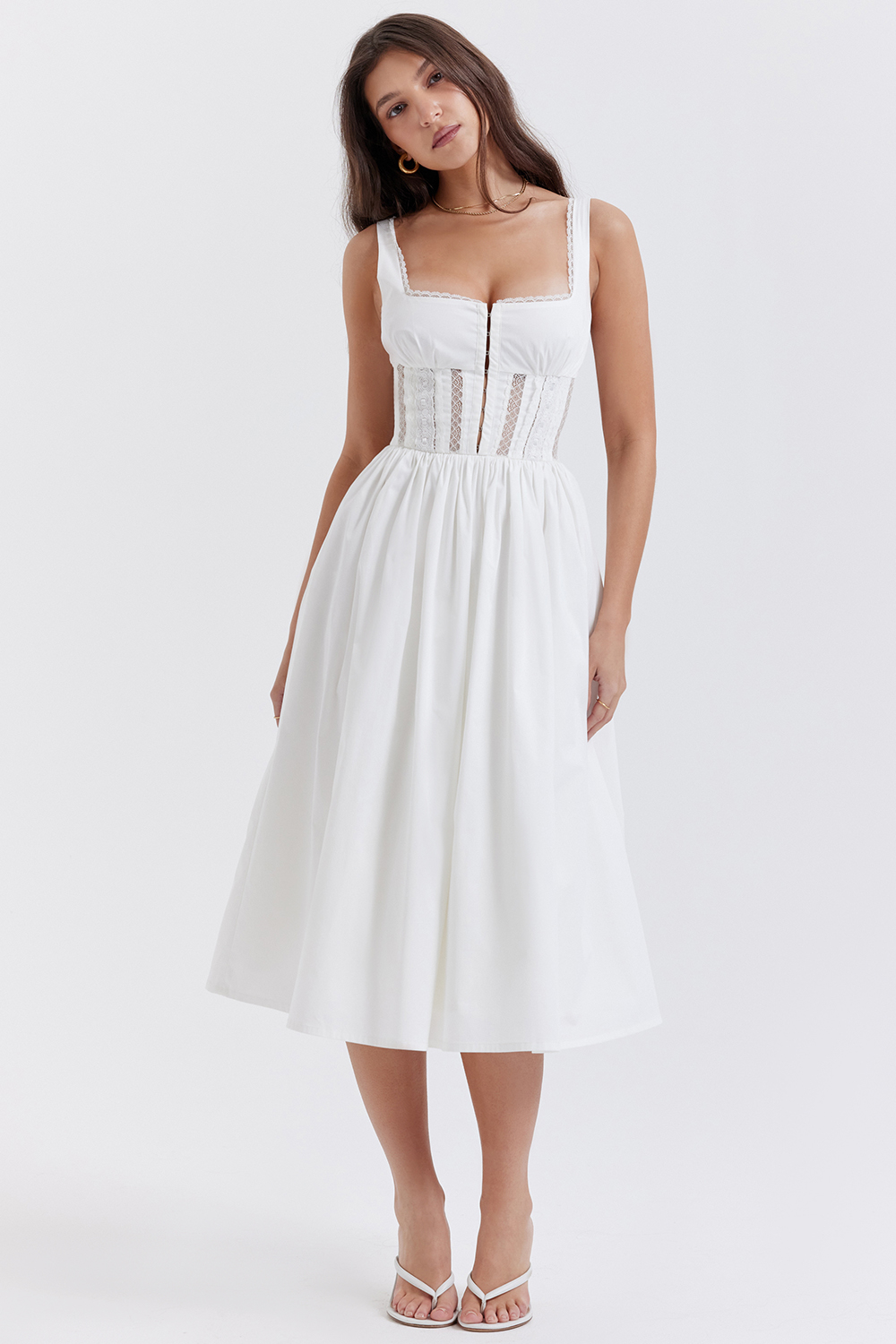 Perle White Lace Trim Midi Dress