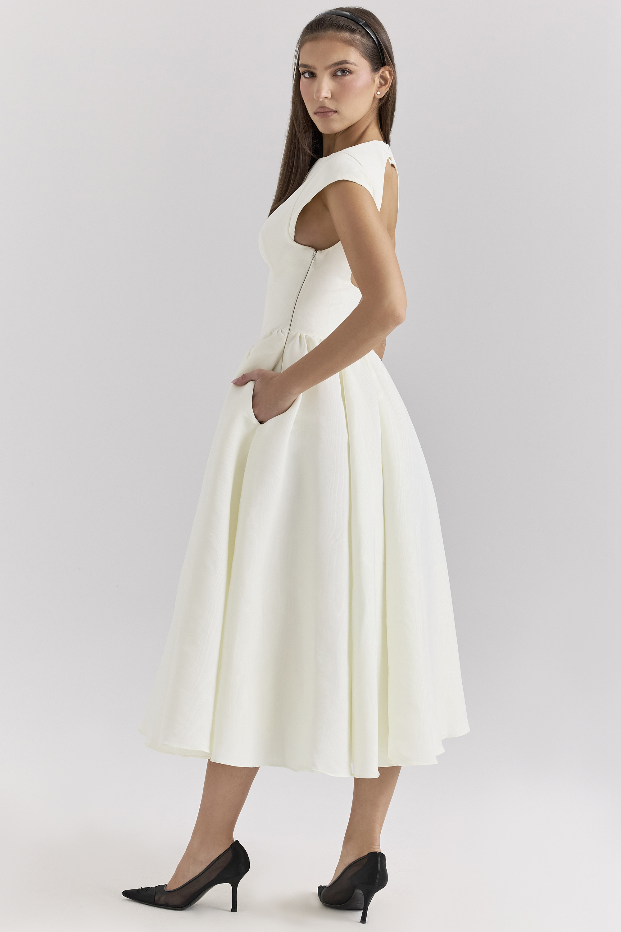 Debutante Ivory Moire Satin Midi Dress