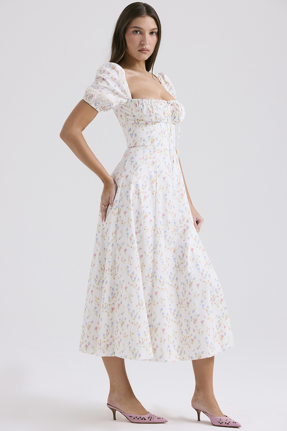 Tallulah White Posy Print Cotton Puff Sleeve Midi Sundress