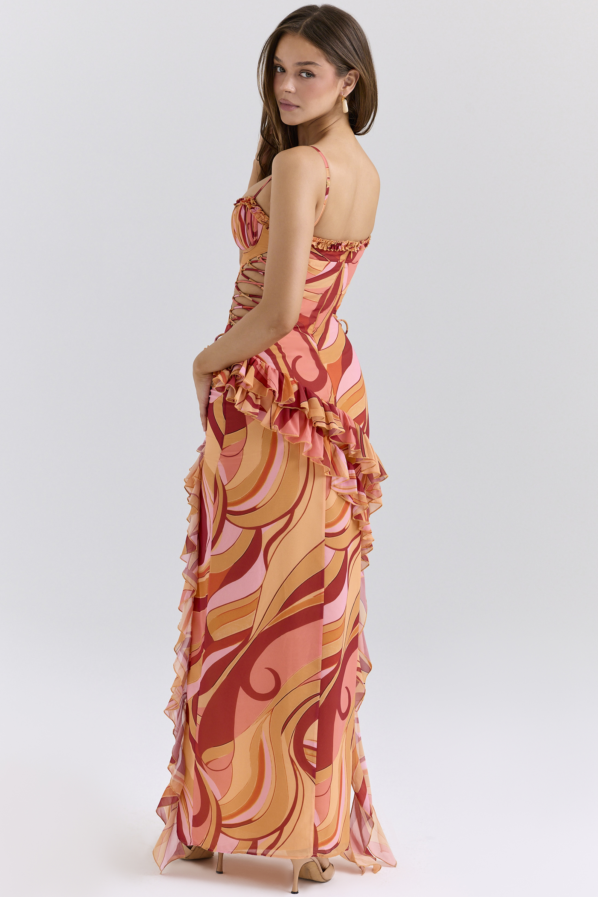 Lumira Sunset Swirl Print Ruffle Cut Out Maxi Dress