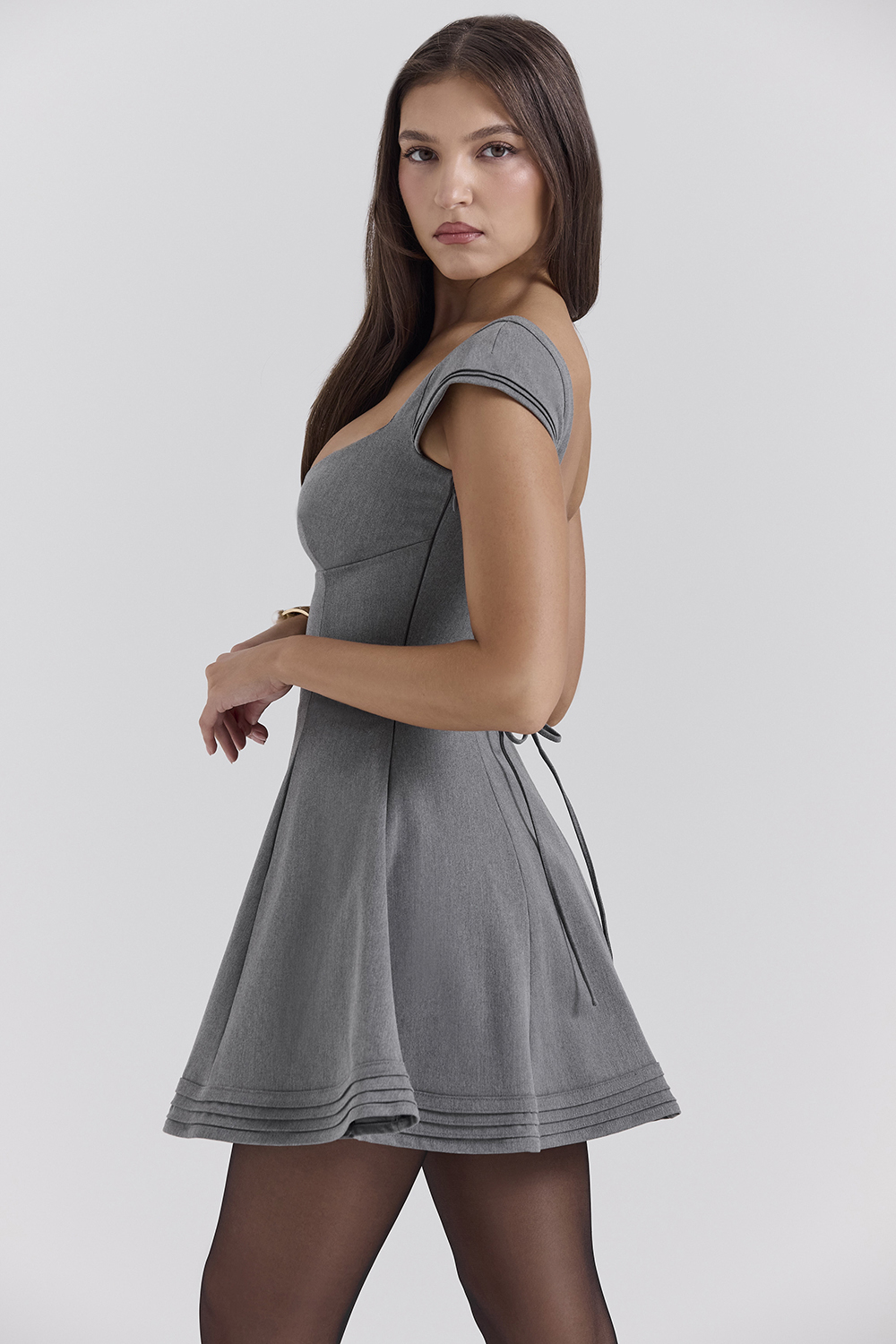 Cheri French Grey Fitted Mini Dress with Voluminous Skirt - SALE