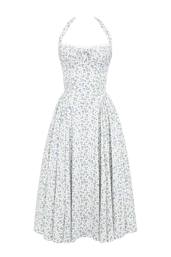 Adabella White Bluebell Print Cotton Halter Sundress