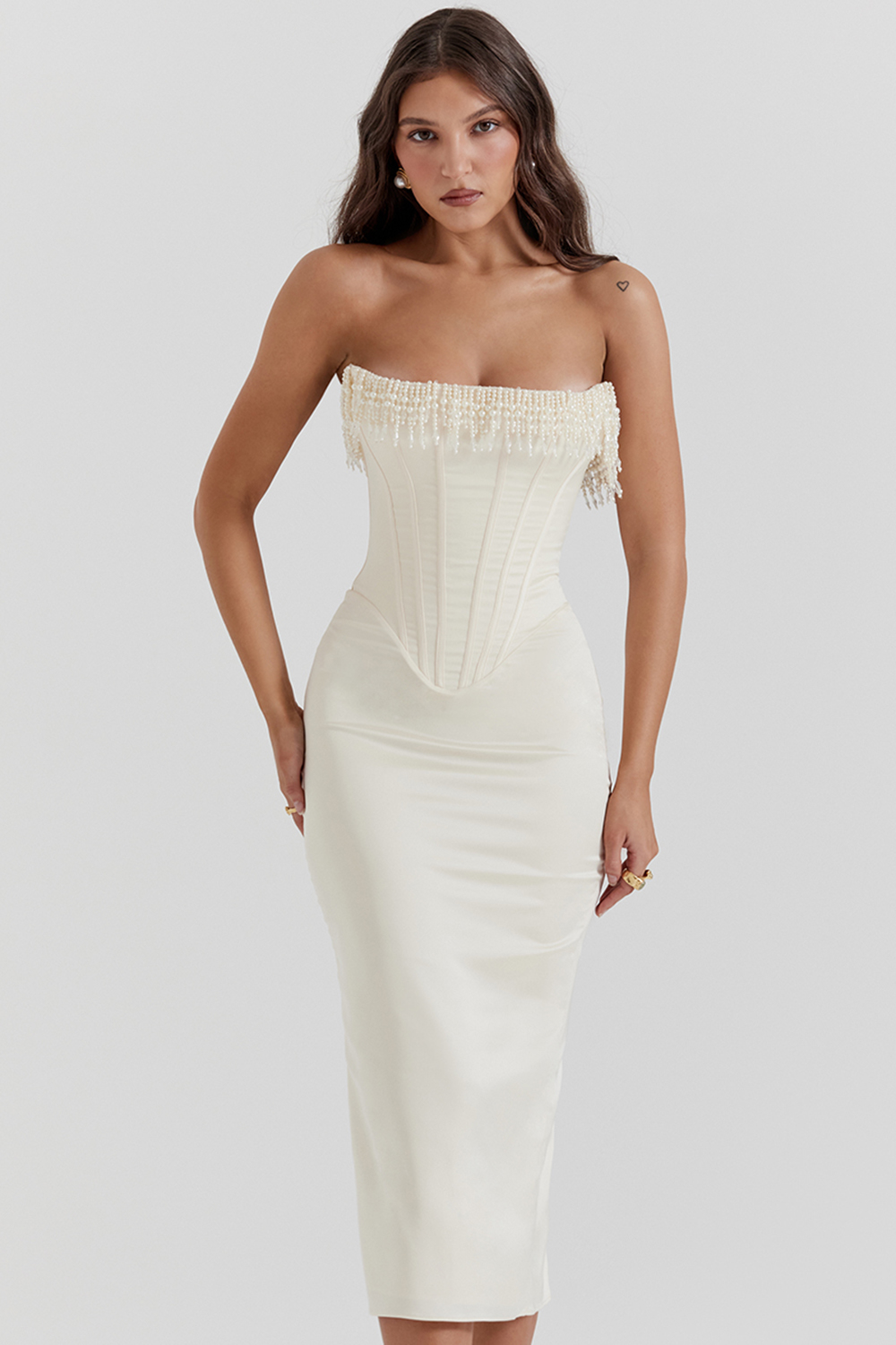 Nalita Vintage Cream Embellished Strapless Dress