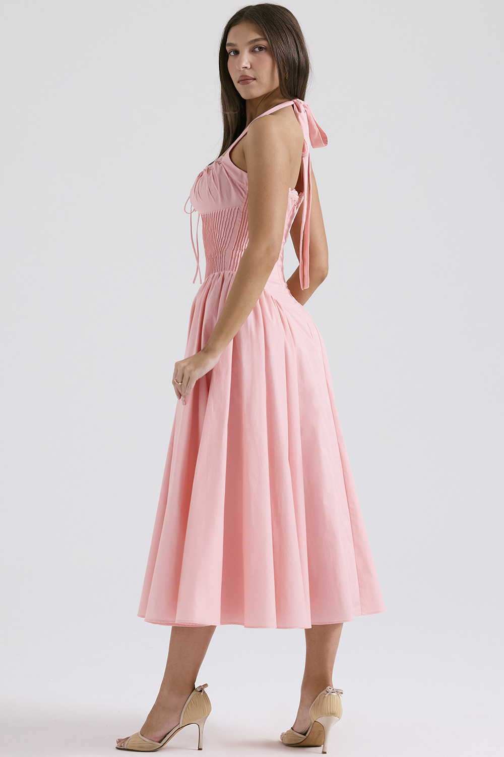Adabella Rose Pink Cotton Halter Midi Sundress