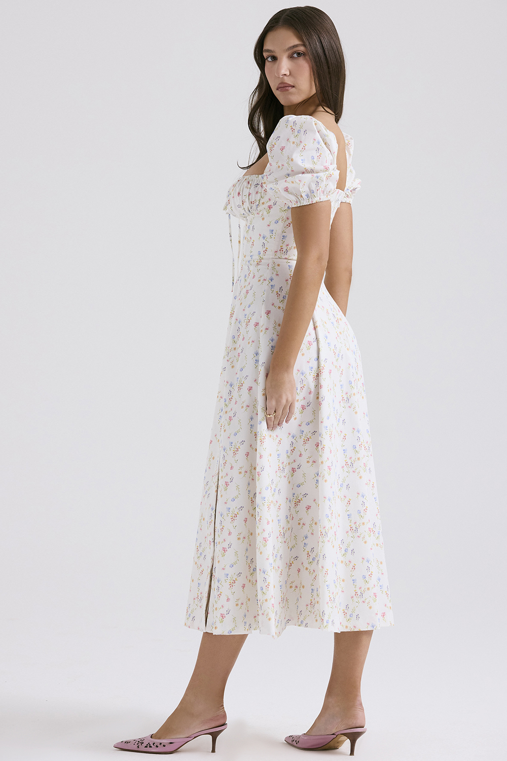 Tallulah White Posy Print Cotton Puff Sleeve Midi Sundress