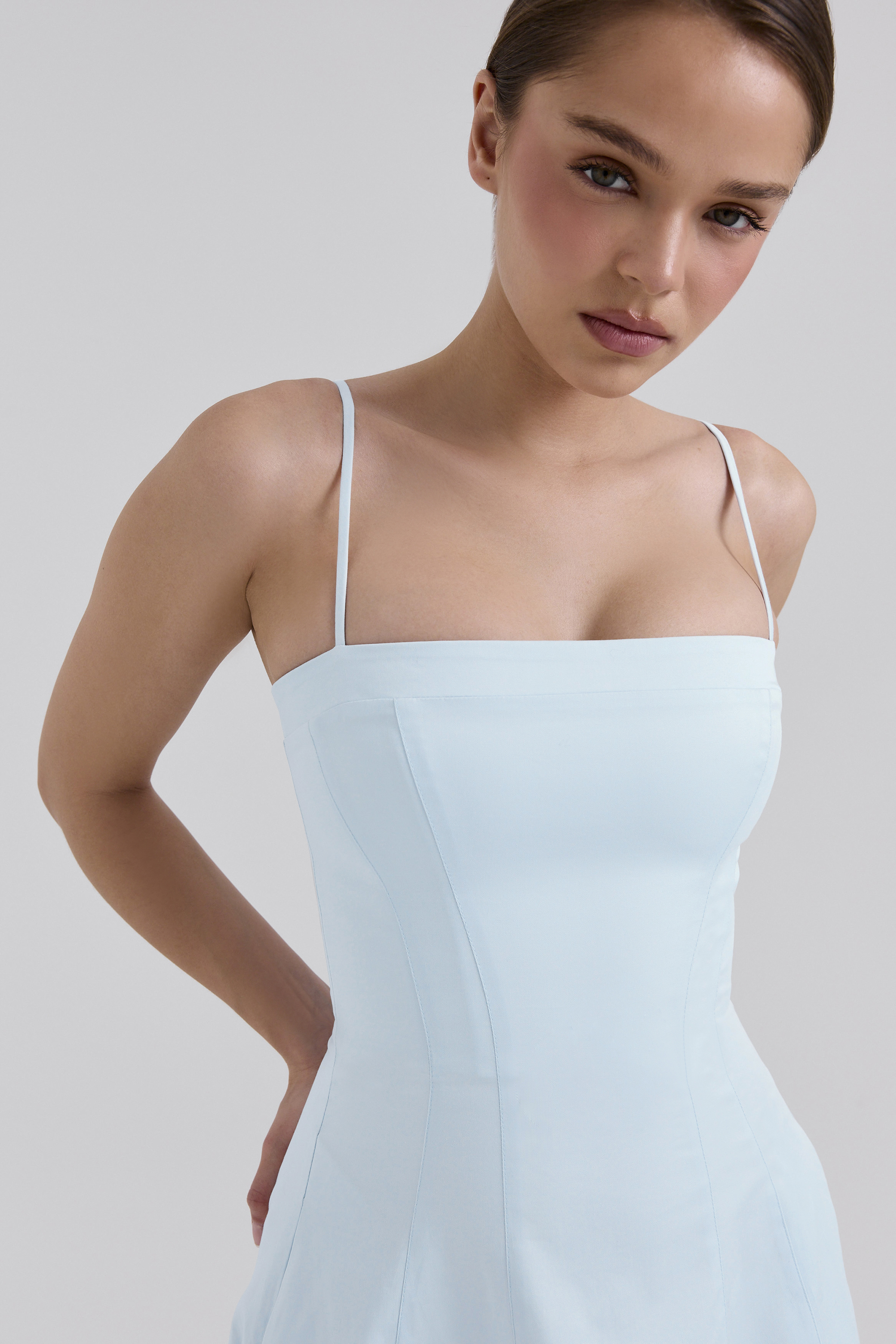 Dolly Soft Blue Stretch Cotton A-Line Midi Sundress