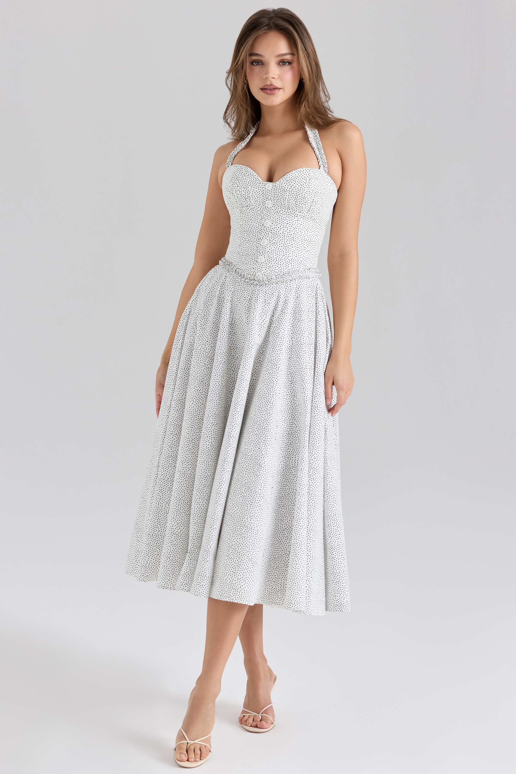 Georgie Cotton Halter Neck Polka Dot Print Midi Dress